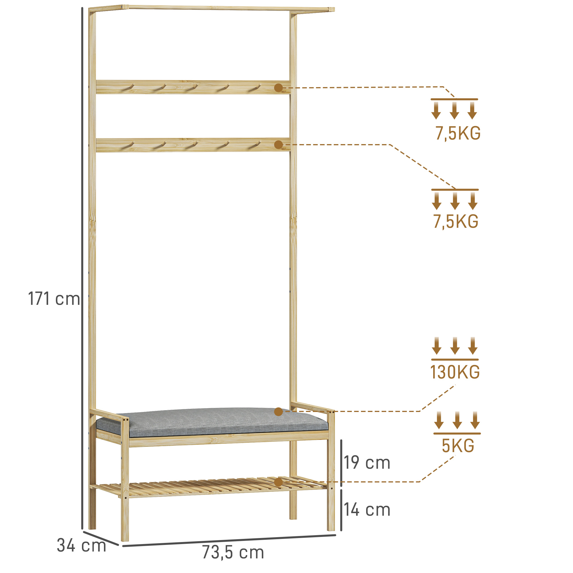 Garderobe mit Schuhbank, Kleiderstange, 10 Kleiderhaken, Schuhablage, Bambus
