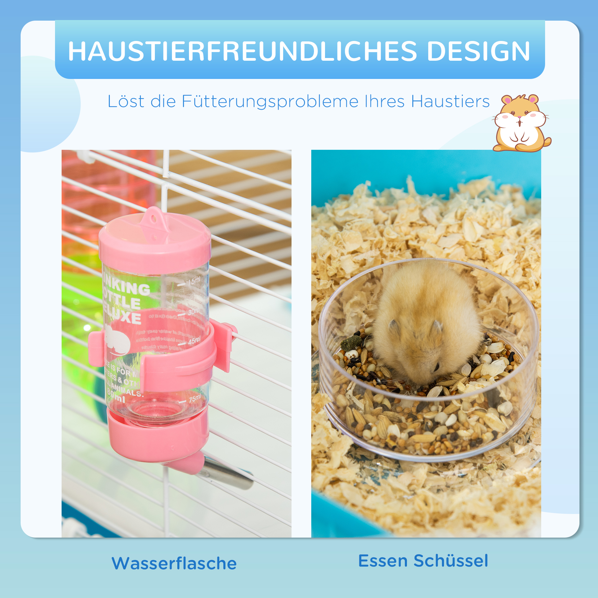 Kleintierkäfig Kleintierstall mit Rampe und Laufrad 5-Ebenen Käfig Nagerkäfig kleine Haustiere Futternapf Trinkflasche Stahldraht Kunststoff PS Hellblau+Weiß 59 x 36 x 69 cm