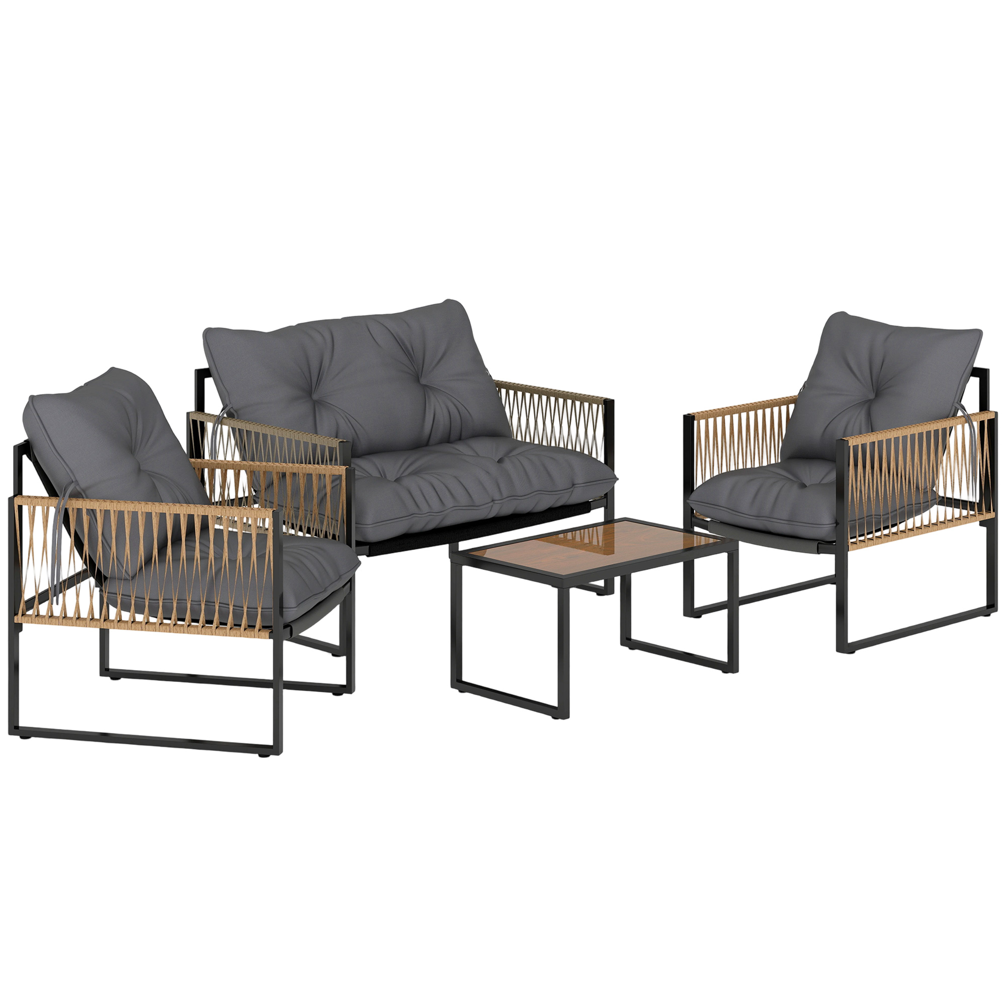 Gartenmöbel-Set, 4-teilig, Sofa, 2 Stühle, Tisch mit Glasplatte, Metallgestell, Polyrattan, Anthrazit