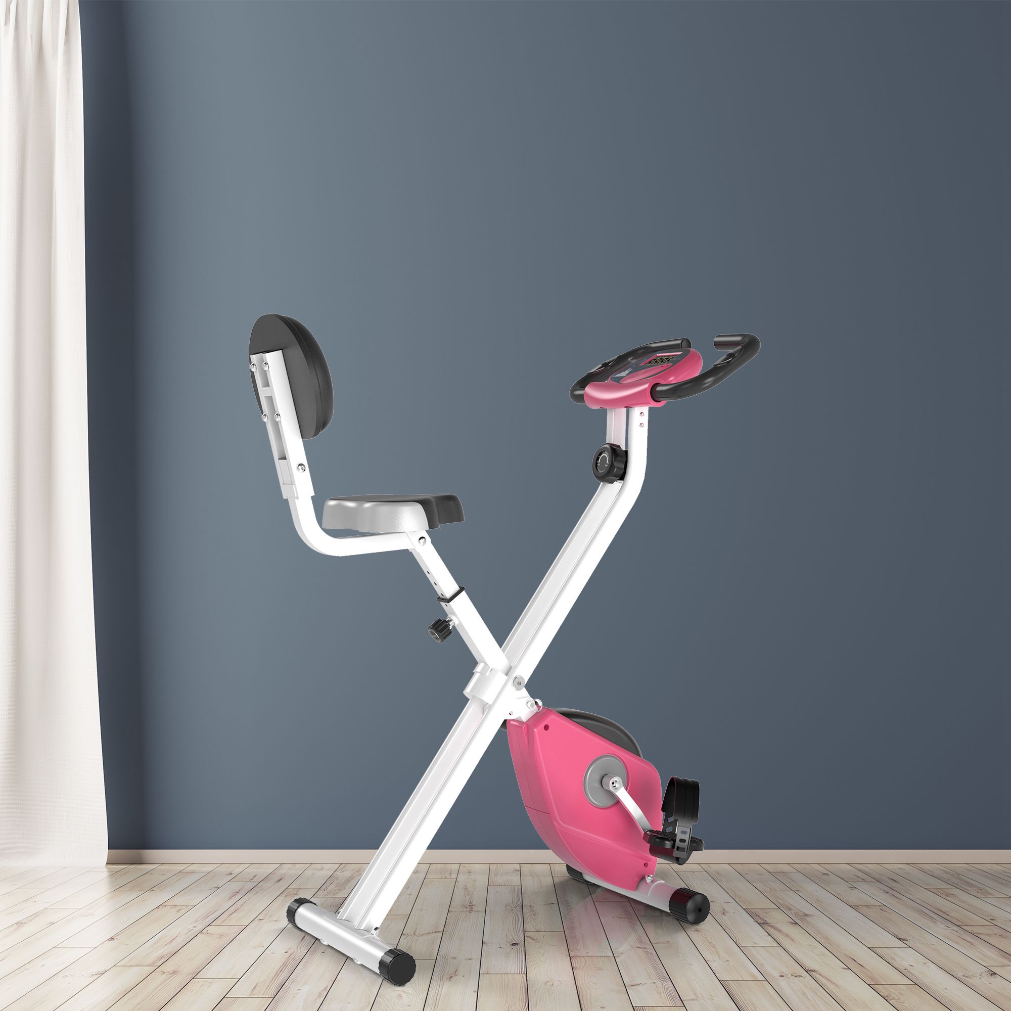 Heimtrainer Fahrradtrainer klappbar Magnetisch Hometrainer Fahrrad mit LCD Monitor, 8 stufig einstellbarem Magnetwiderstand, Platzsparend Fitnessbikes für Zuhause Rosa+Weiß