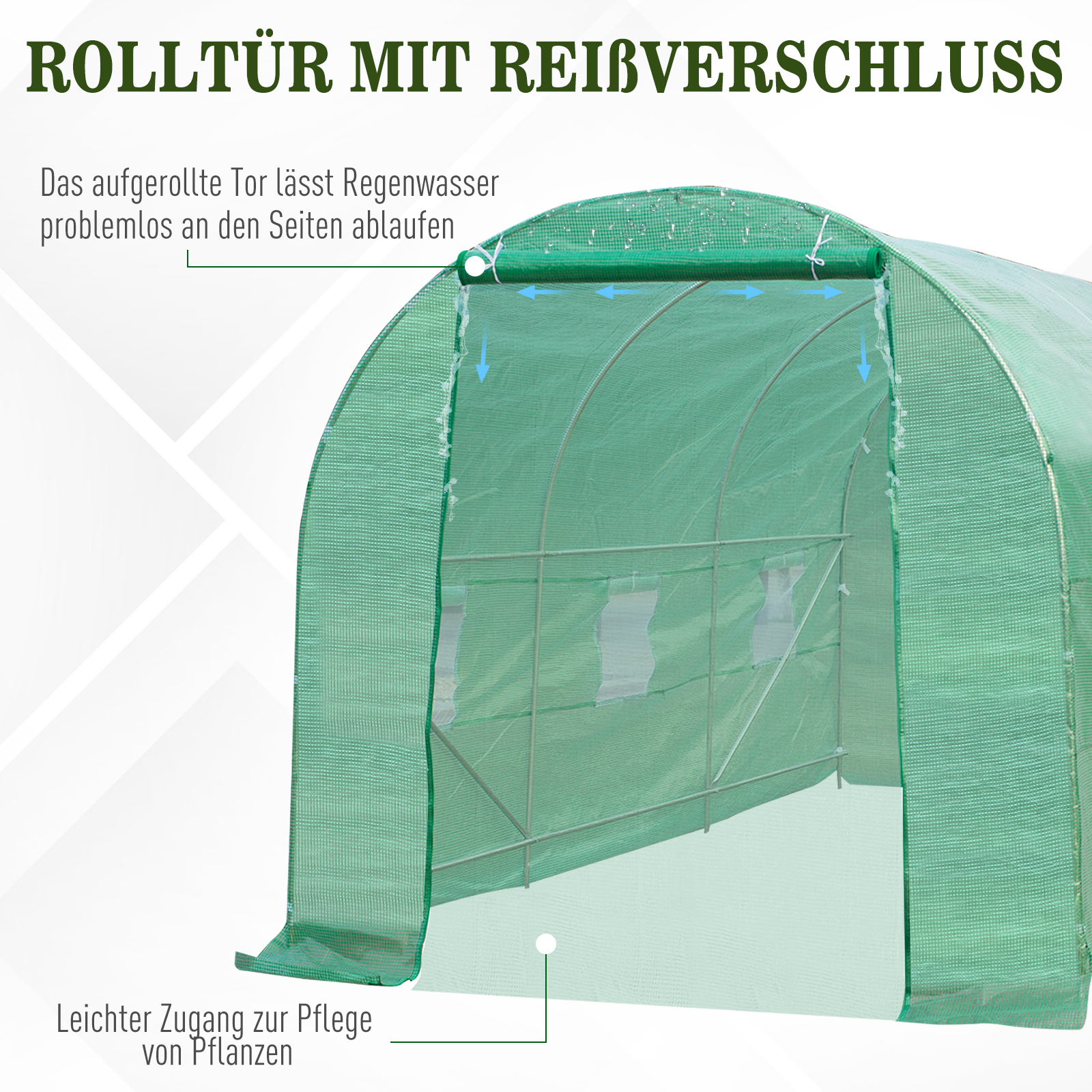 Gewächshaus 445x190x200cm Foliengewächshaus Tomatenhaus Tür mit Moskitonetz, Fenster, Folientunnel aus verzinktem Stahl, stabiles Pflanztunnel, Treibhaus inkl, Erdanker Seilen, Grün