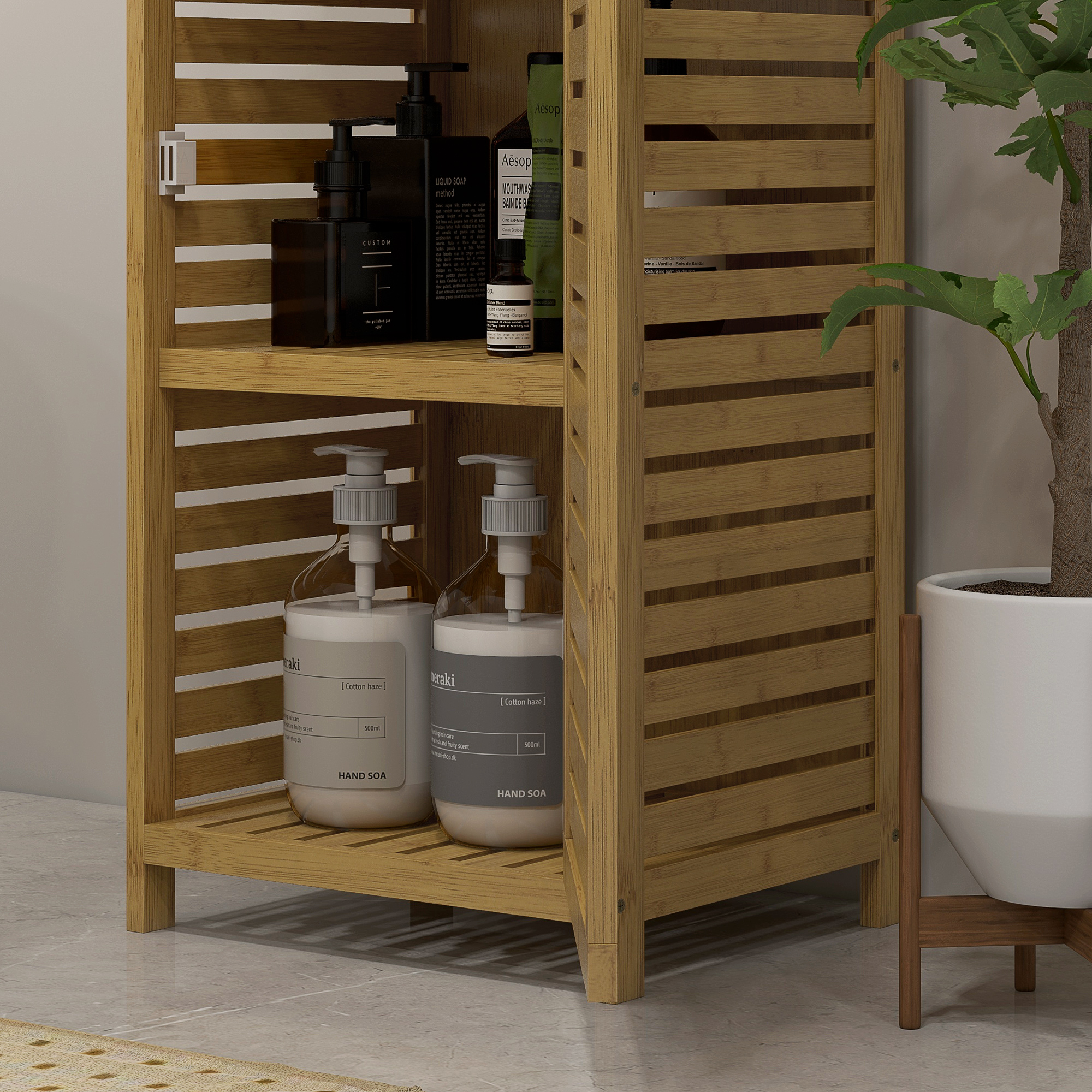 Badezimmerregal Badregal, 3 Regale, 1 Schrank, 38,5 cm x 33 cm x 170 cm, Natur