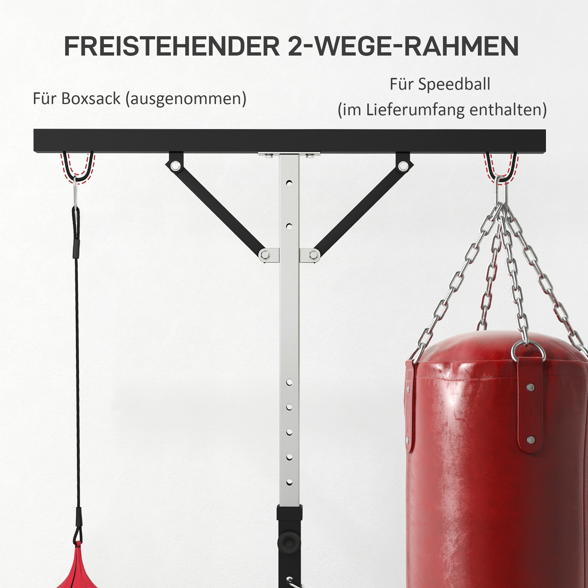 Boxsackständer, höhenverstellbar, mit Speedball, Metallrahmen, 160L x 145B x 175-220H cm, Schwarz