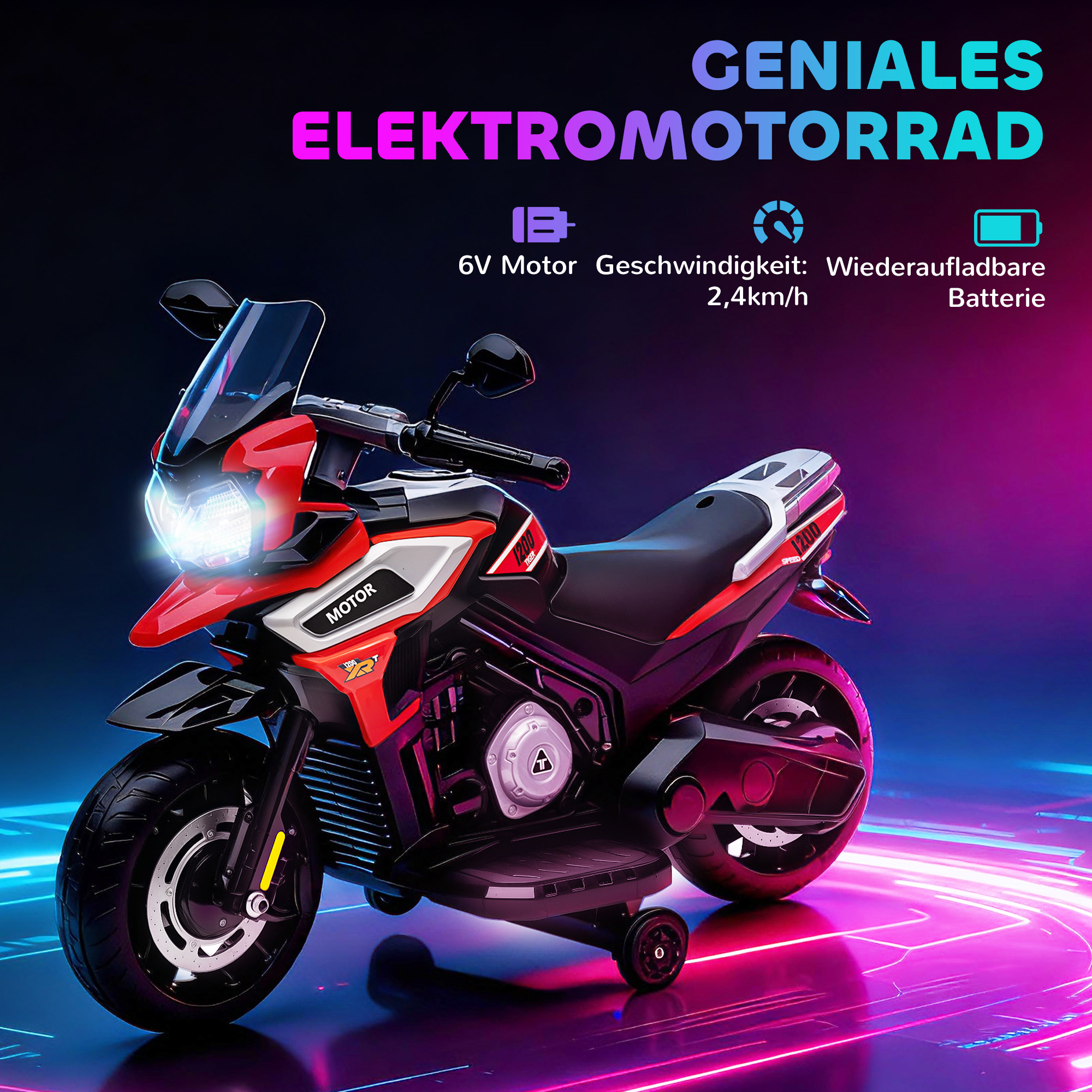 Elektro-Motorrad für Kinder von 18-36 Monaten, Aufsitz-Fahrzeug, Hilfsräder, Lichter, Musik, Kunststoff, Stahl, Rot