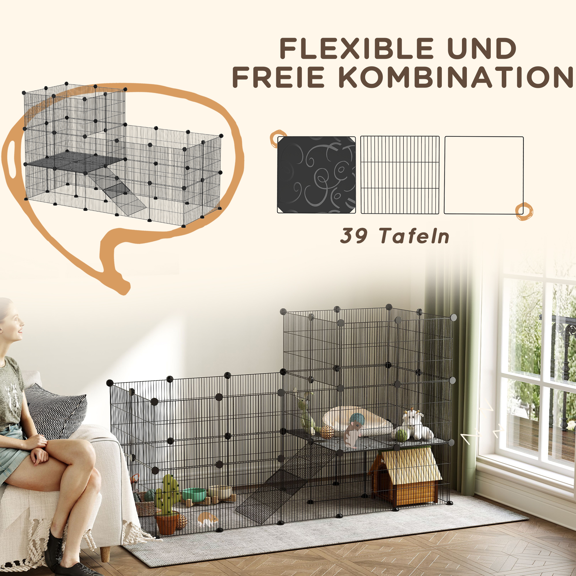 Gehege für Zwergkaninchen, 39-Paneel-Stall für kleine Haustiere, mit Rampe, für Kleintiere, Indoor, Schwarz