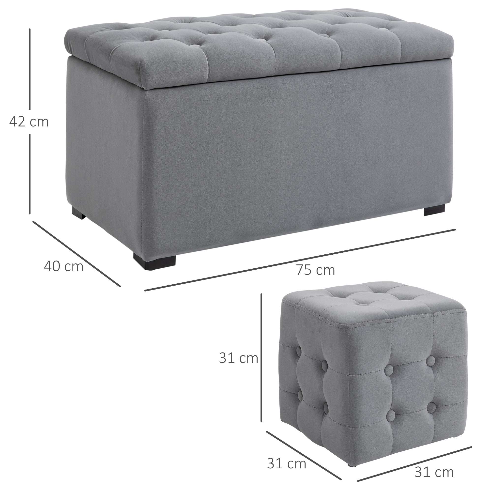 3-teiliges Set mit Stauraum, 2 x Sitzhocker, Polster-Sitztruhe, Fußhocker, Aufbewahrungsbox, Fußablage, belastbar bis 130 kg, Mikrofaserstoff, Schaumstoff, 75 x 40 x 42 cm, Hellgrau