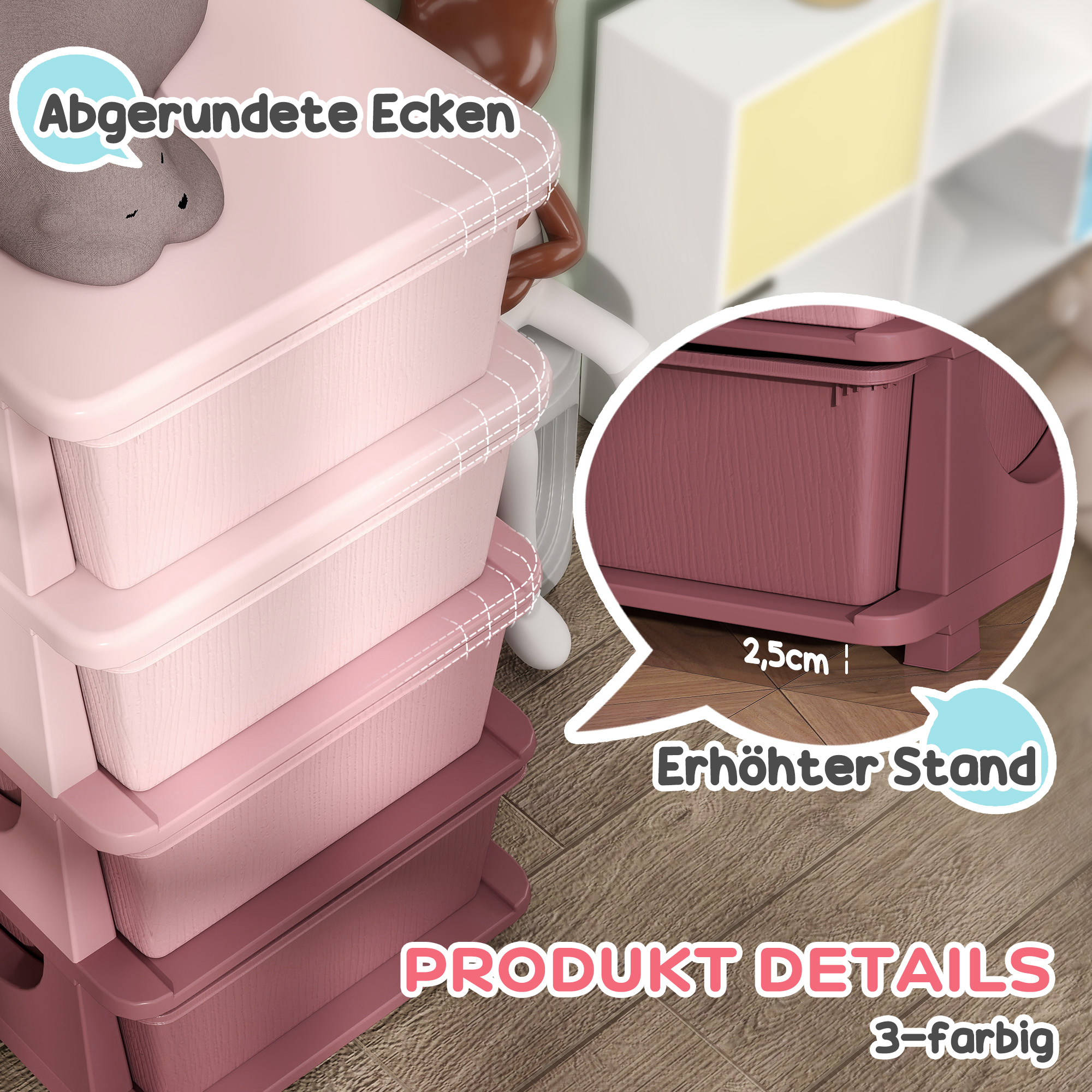 Aufbewahrungsboxen für Kinder, 4 Schubladen, abgerundete Kanten, erhöhtes Design, 37x37x76 cm, Rosa
