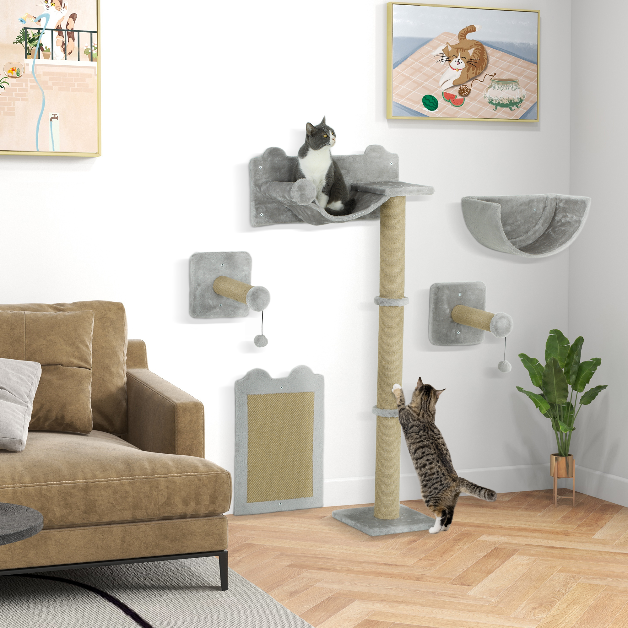 5-teiliges wandmontiertes Kletterset für Hauskatzen mit Kratzpfosten, Kratzmatte, Katzenbett, Spielzeugbällen, Hellgrau