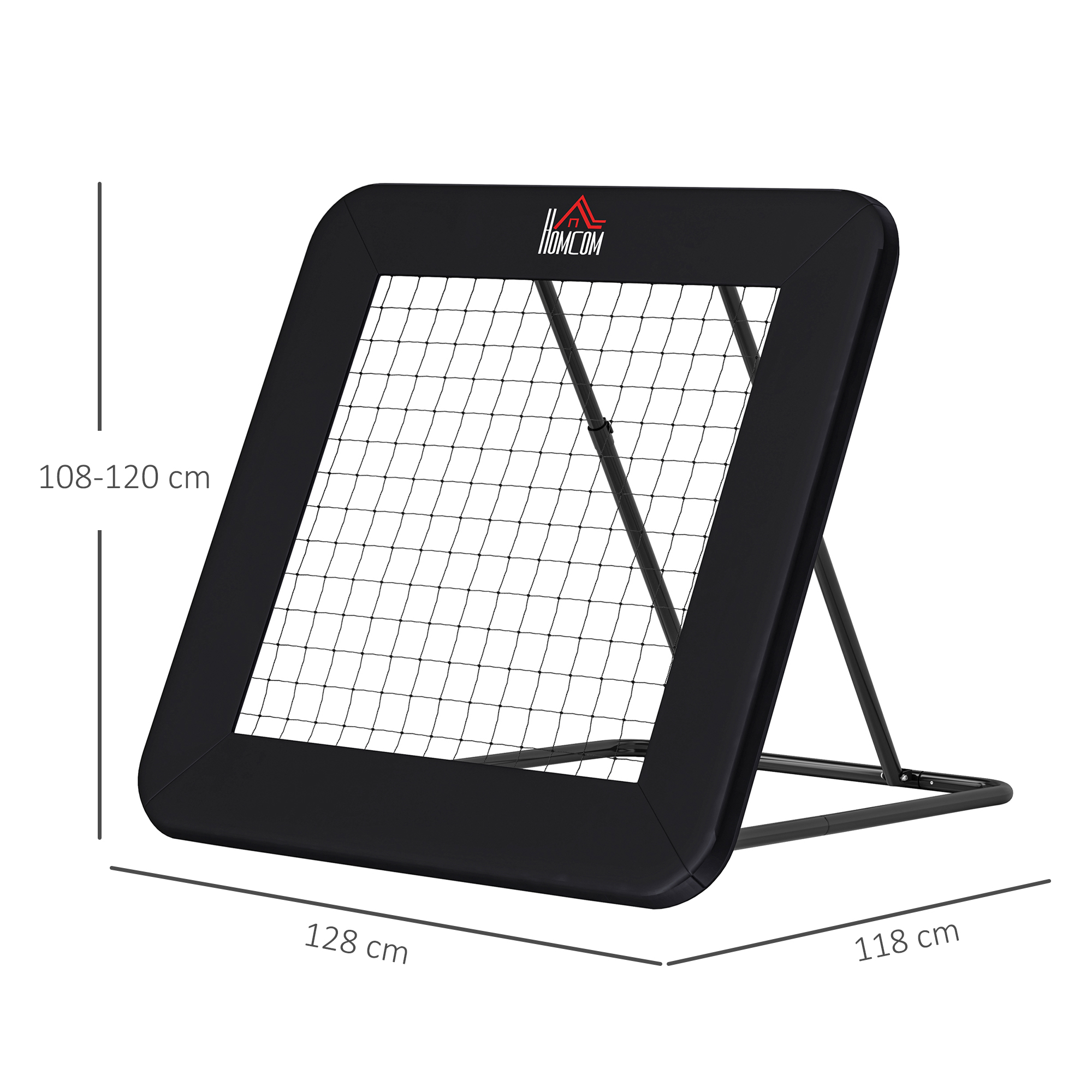 Rebounder für Fußball, 128 x 118 cm Prellwand mit Schutzkante Heringen, verstellbar in 5 Stufen, tragbares Rebound, Fußballtor für Jugendliche, Rückprallwand für Fußball Training, Schwarz