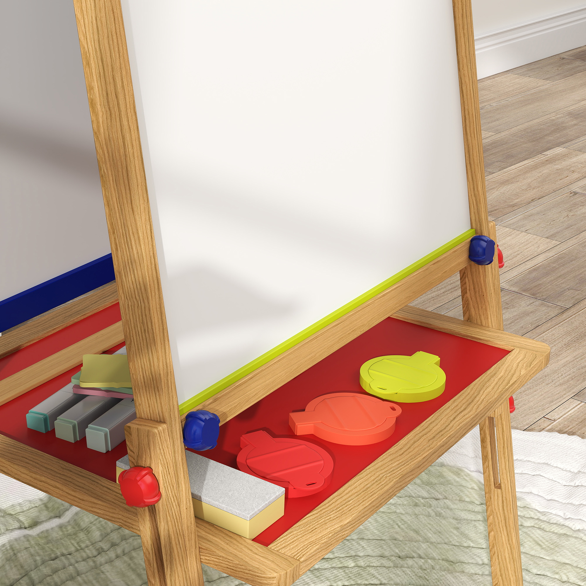 3-in-1 Kindermalstaffelei, Kreidetafel, Whiteboard, Papierrolle, inklusive Zubehör, Kiefernholz, verstellbar