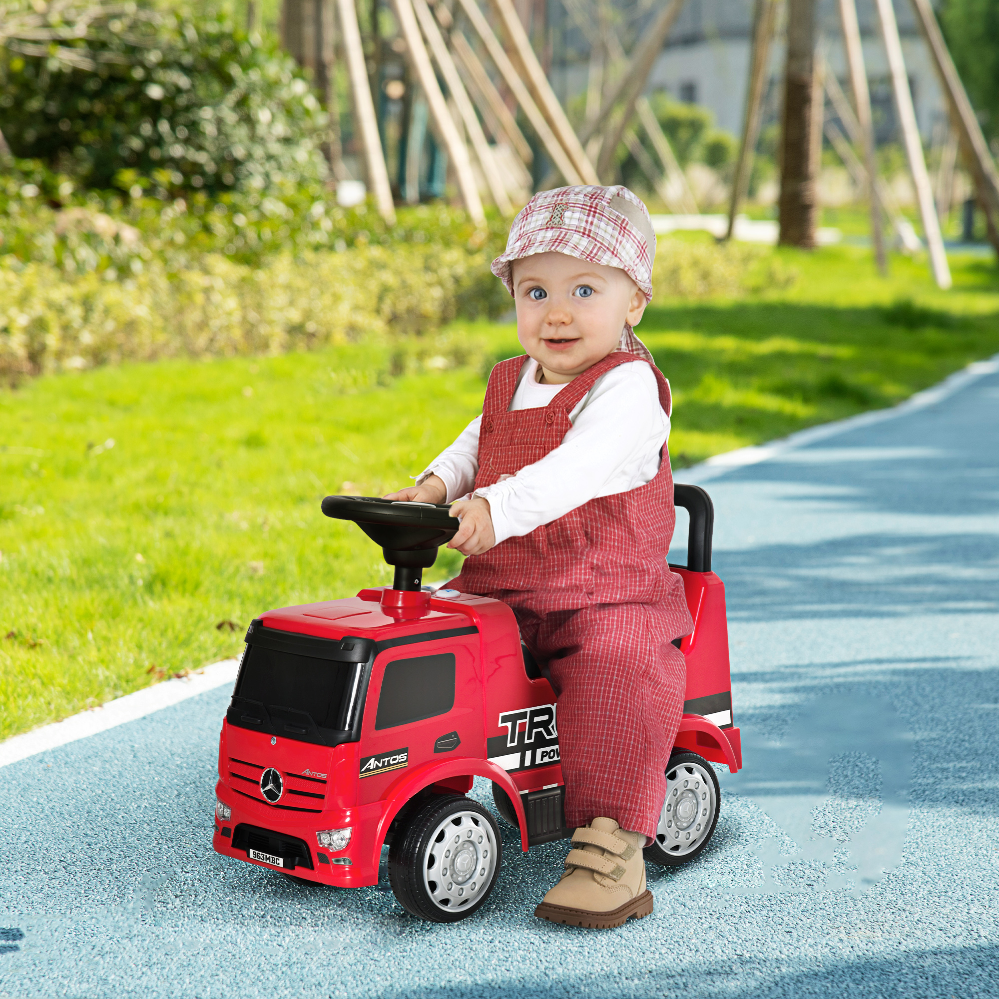 Rutscherfahrzeug Rutscherauto Babyrutscher Kinderfahrzeug lizenziert von Mercedes ANTOS-LKW-Stil mit Licht für Kinder von 12 bis 36 Monaten Metall PP-Kunststoff Rot+Schwarz 62,5x28,5x45cm