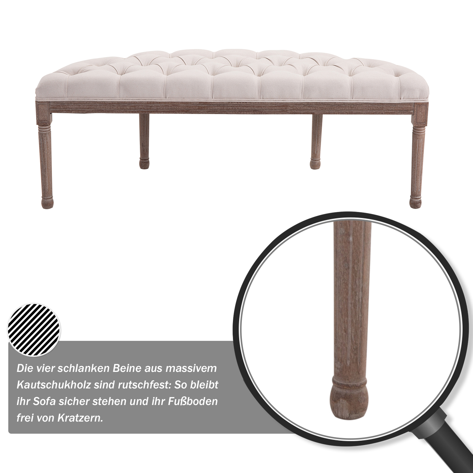 Polsterbank Sitzbank Lounge Sitzhocker Vintage Retro mit Knöpfen Sofa Couch Leinen + Holz beige 140,5 x 51 x 48 cm