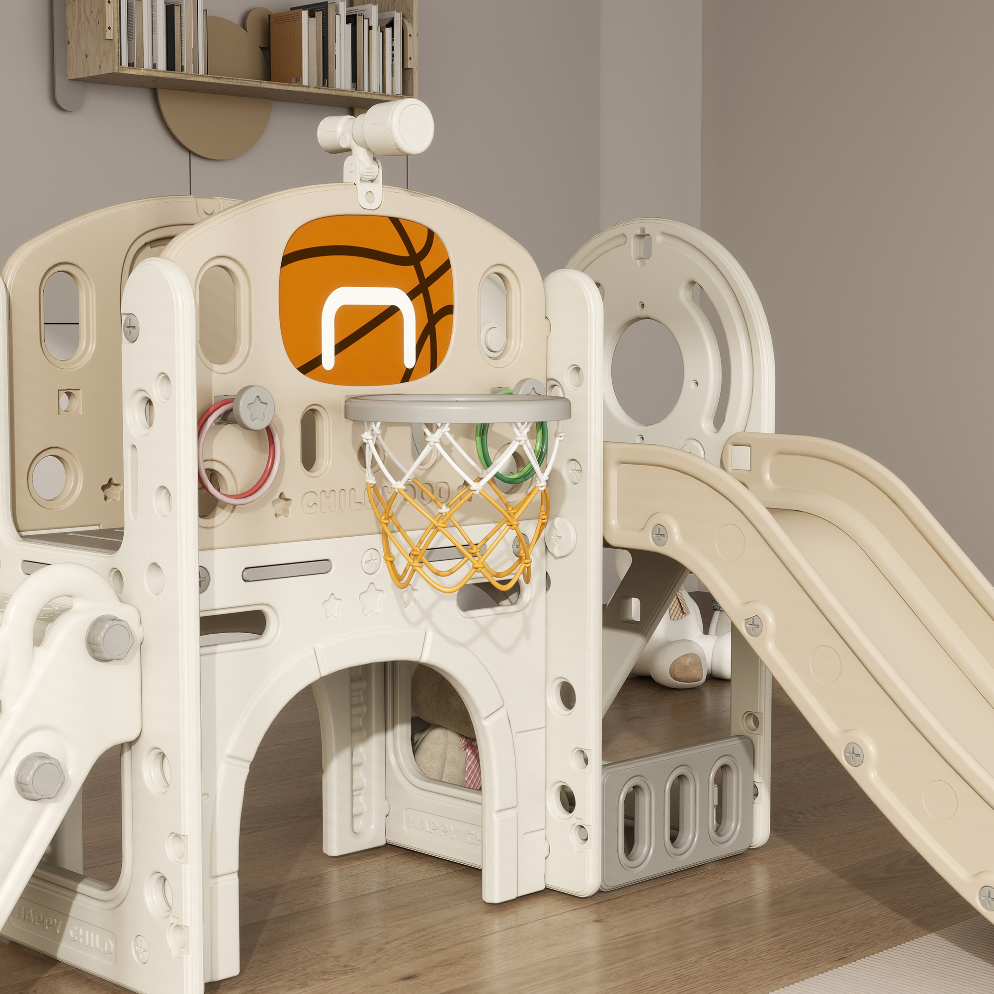 Kinder-Spielgerüst, 7-in-1 Rutsche, Indoor Spielplatz mit Stauraum und Krabbeltunnel, 186x153x111 cm, Cremeweiß