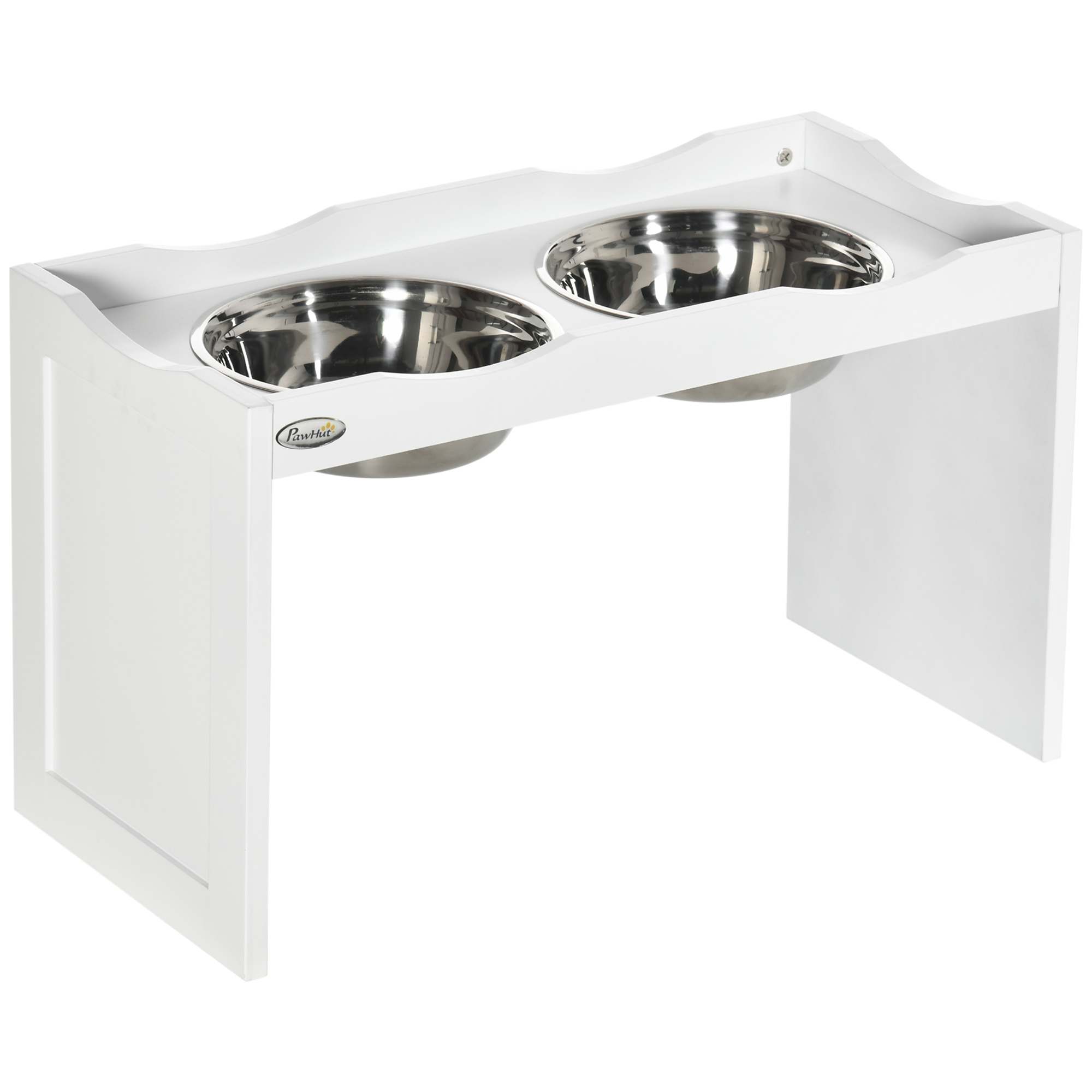 Futterstation, Napfständer, 2 Fressnäpfe je 2 Liter, Edelstahl, für große Hunde, weiß, 63 x 30 x 24cm Futterstation, Napfständer, 2 Fressnäpfe je 2 Liter, Edelstahl, für große Hunde, weiß, 63 x 30 x 24cm