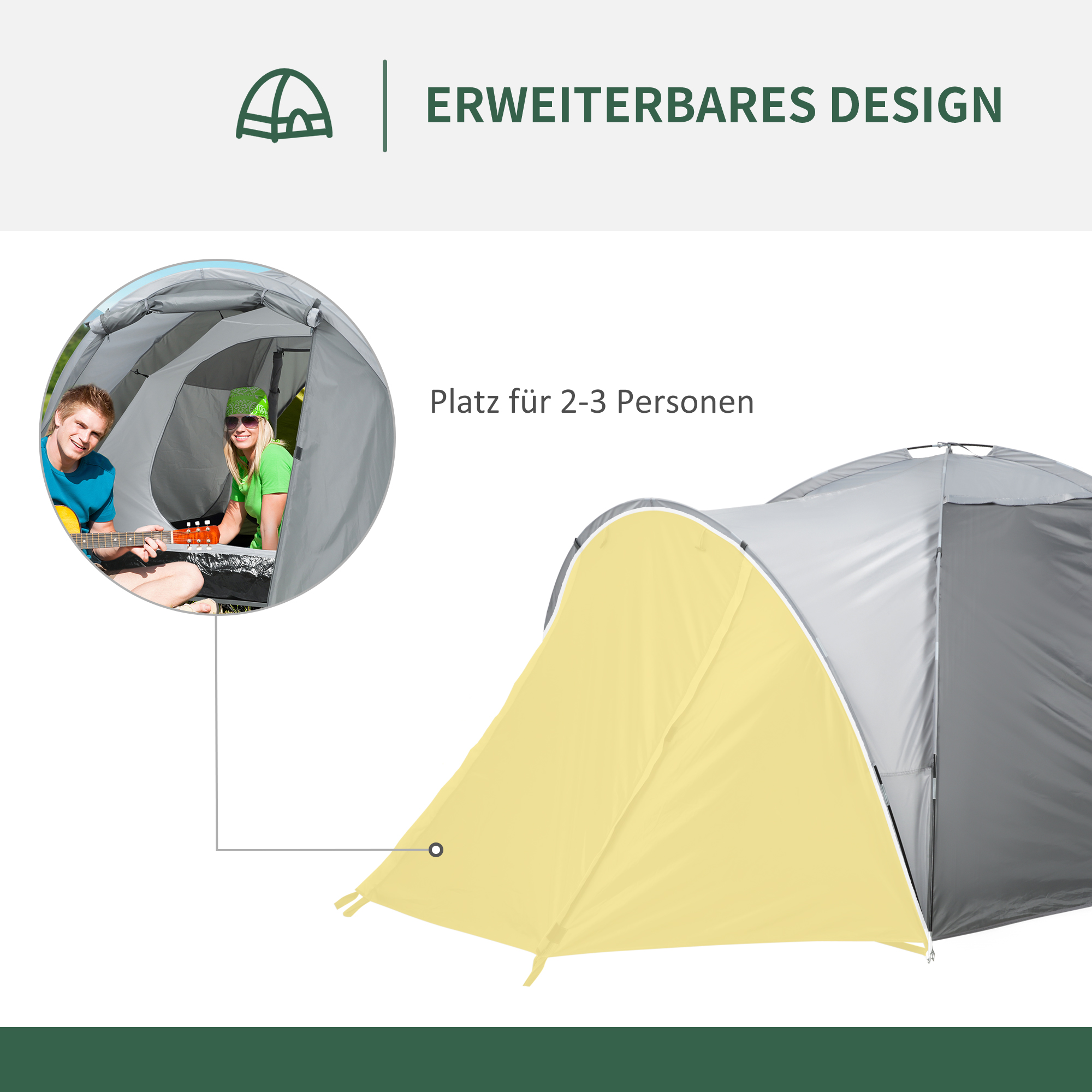 Campingzelt für 2-3 Personen Glasfaser Tür mit Reißverschluss Meshfenster inkl, Transporttasche Kuppelzelt 190T Kunstleder2000mm Glasfaser Grau