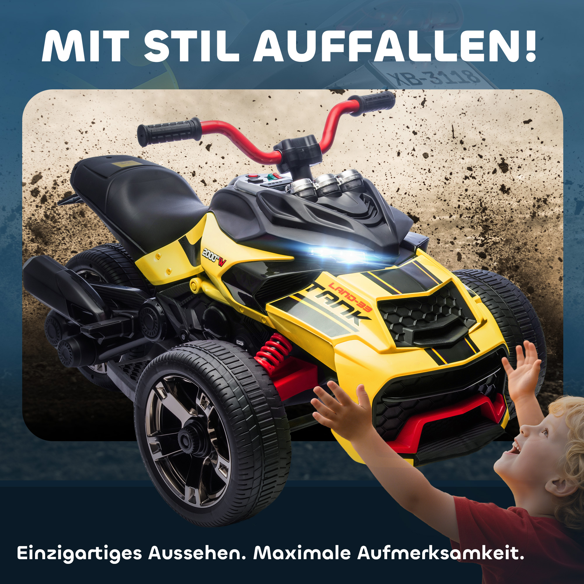 Elektrisches Kinderfahrzeug, Reverse-Dreirad-Design, Batteriebetrieb, MP3-Player, Hupe, 2 Geschwindigkeiten, LED-Lichter, 3-8 Jahre, Gelb