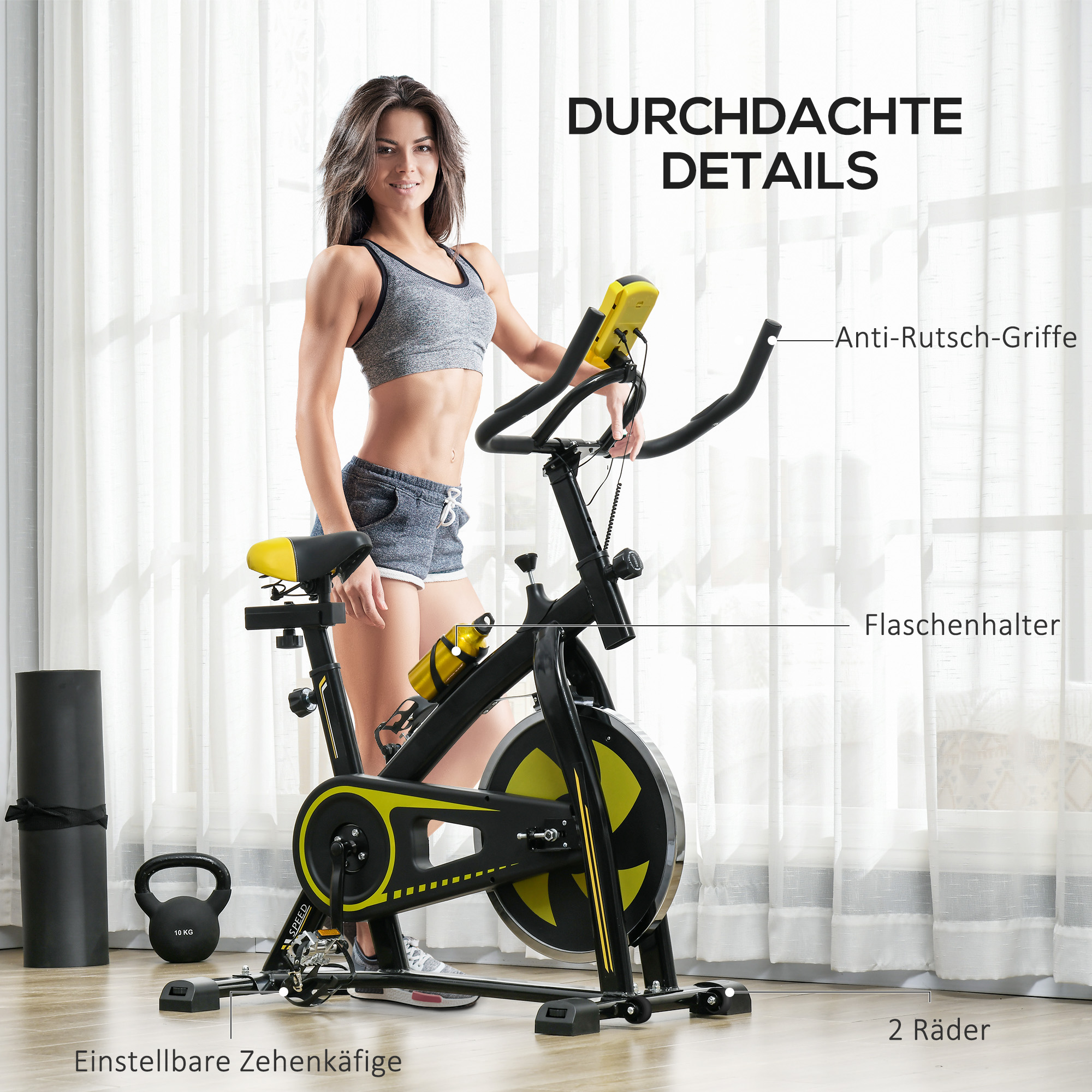 Heimtrainer, leise, anpassbarer Widerstand, Pulssensor, Monitor, Gelb