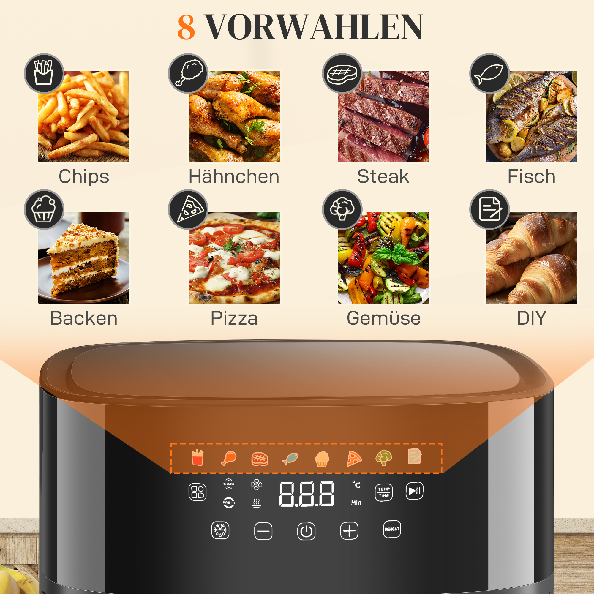Heißluftfritteuse, Air Fryer, 8 Programme, 8 Liter, LED-Screen, Schwarz