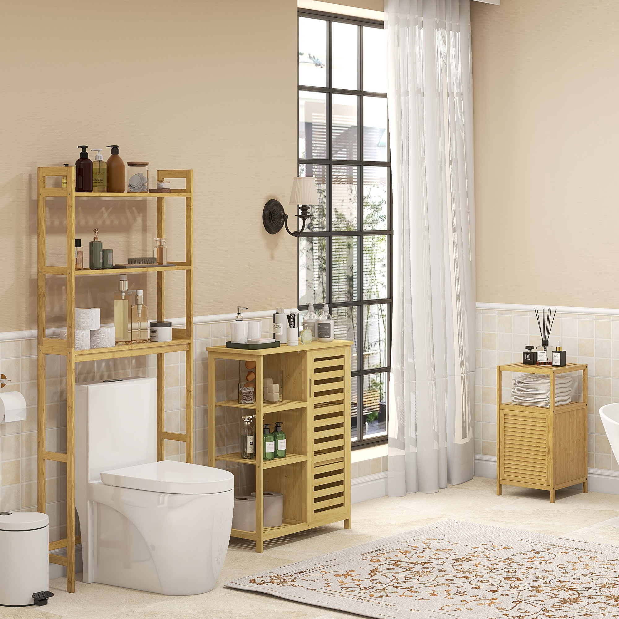 Badezimmerschrank aus Bambus, 3 Regale, 1 Schrank mit Lamellentüren, Natur