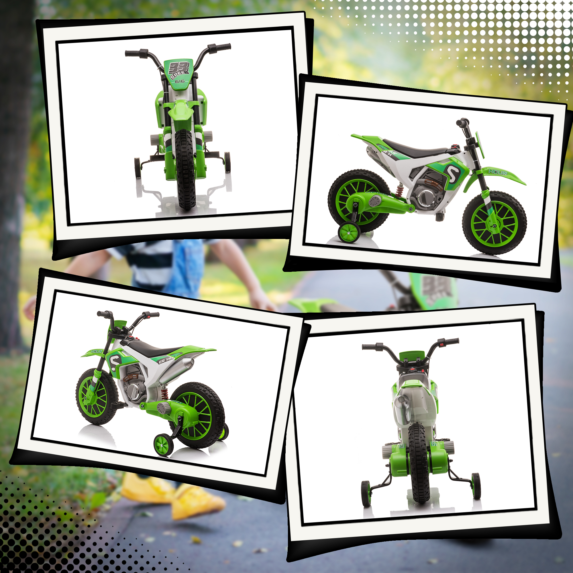 Kindermotorrad, Elektromotorrad, 45 Min Fahrzeit, mit Stützrädern, ab 3 Jahren, grün+weiß, 106,5 x 51,5 x 68cm