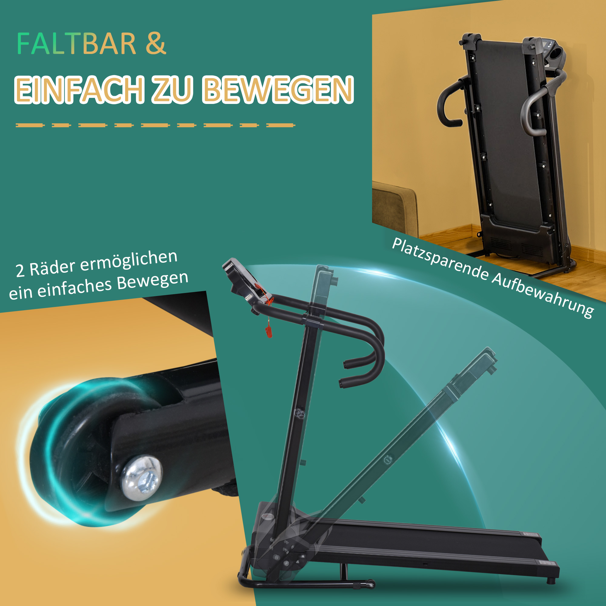 Elektrisches Laufband, faltbar, mit LCD-Display, Geschwindigkeit 0,8-10km/h und 3 Programme, Leistung 500 W, 123 x 62 x 117 cm, Schwarz