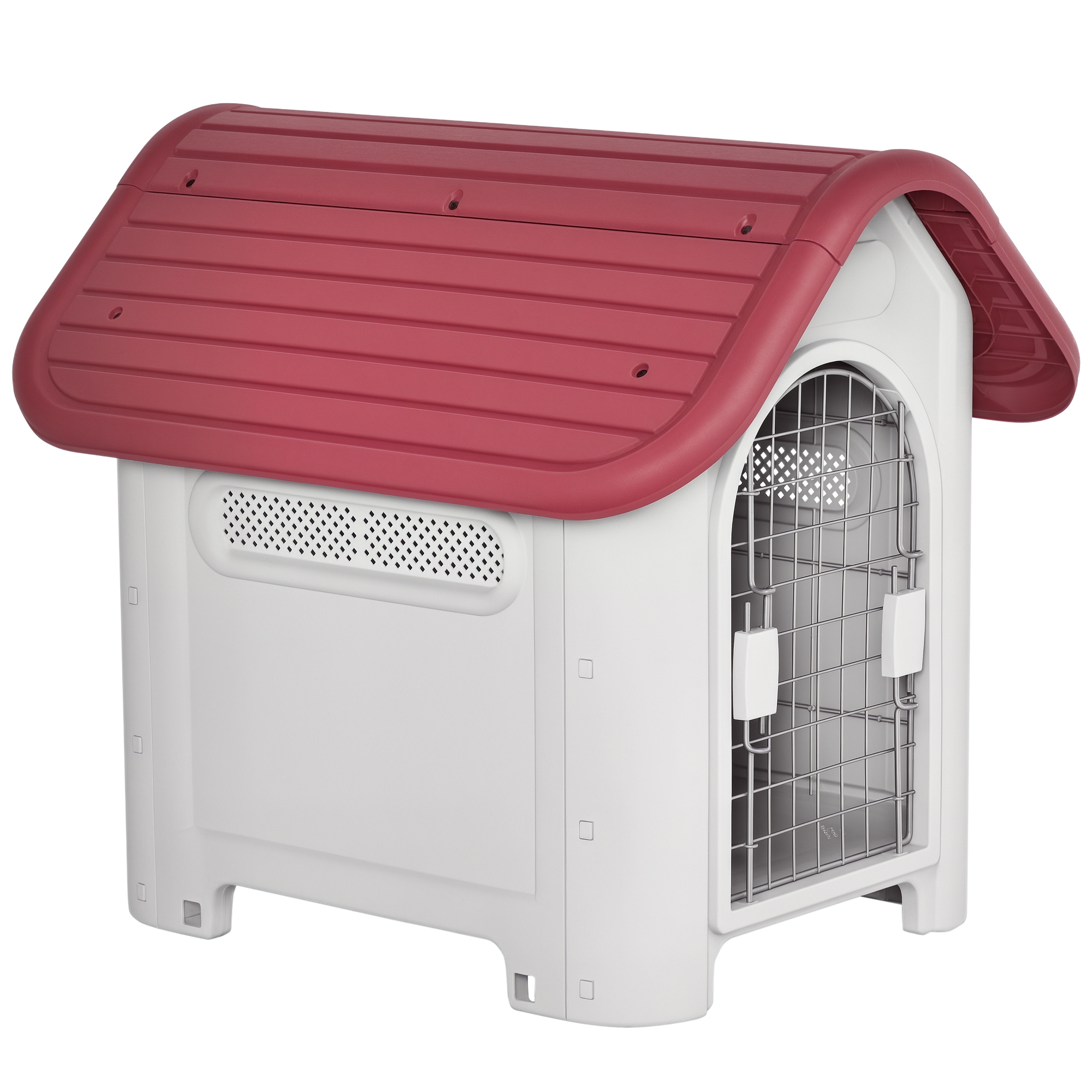 Hundehütte Outdoor Hundehaus mit Dachluke Tor Unterschlupf für kleine Hunde Kleintierstall Luftzirkulation wasserdicht Metall Kunststoff Rot+Hellgrau 59 x 75 x 66 cm