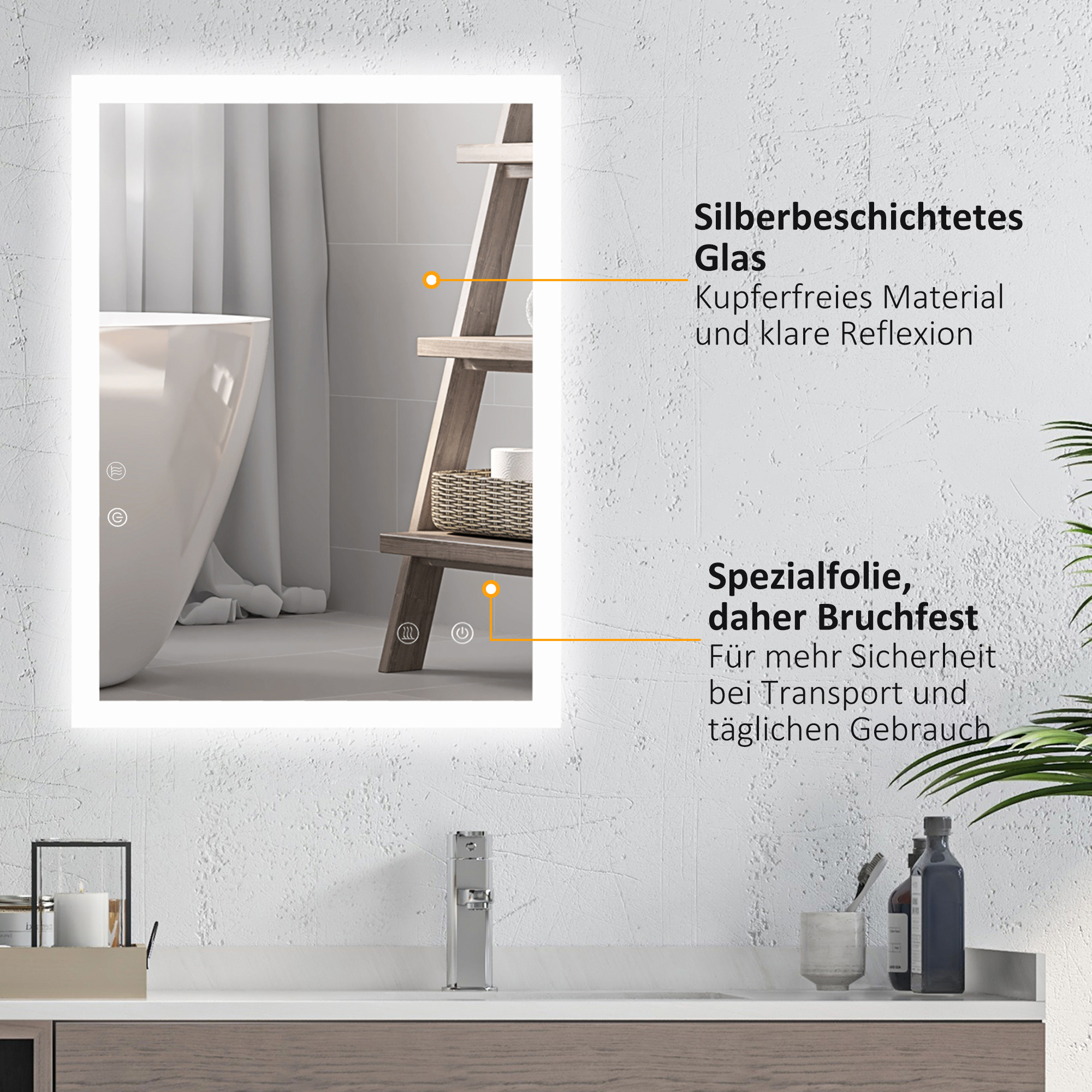 LED Badezimmerspiegel, Hintergrundbeleuchtung, Touch-Funktion, Memory-Funktion, kein Beschlagen, 80 x 60 cm