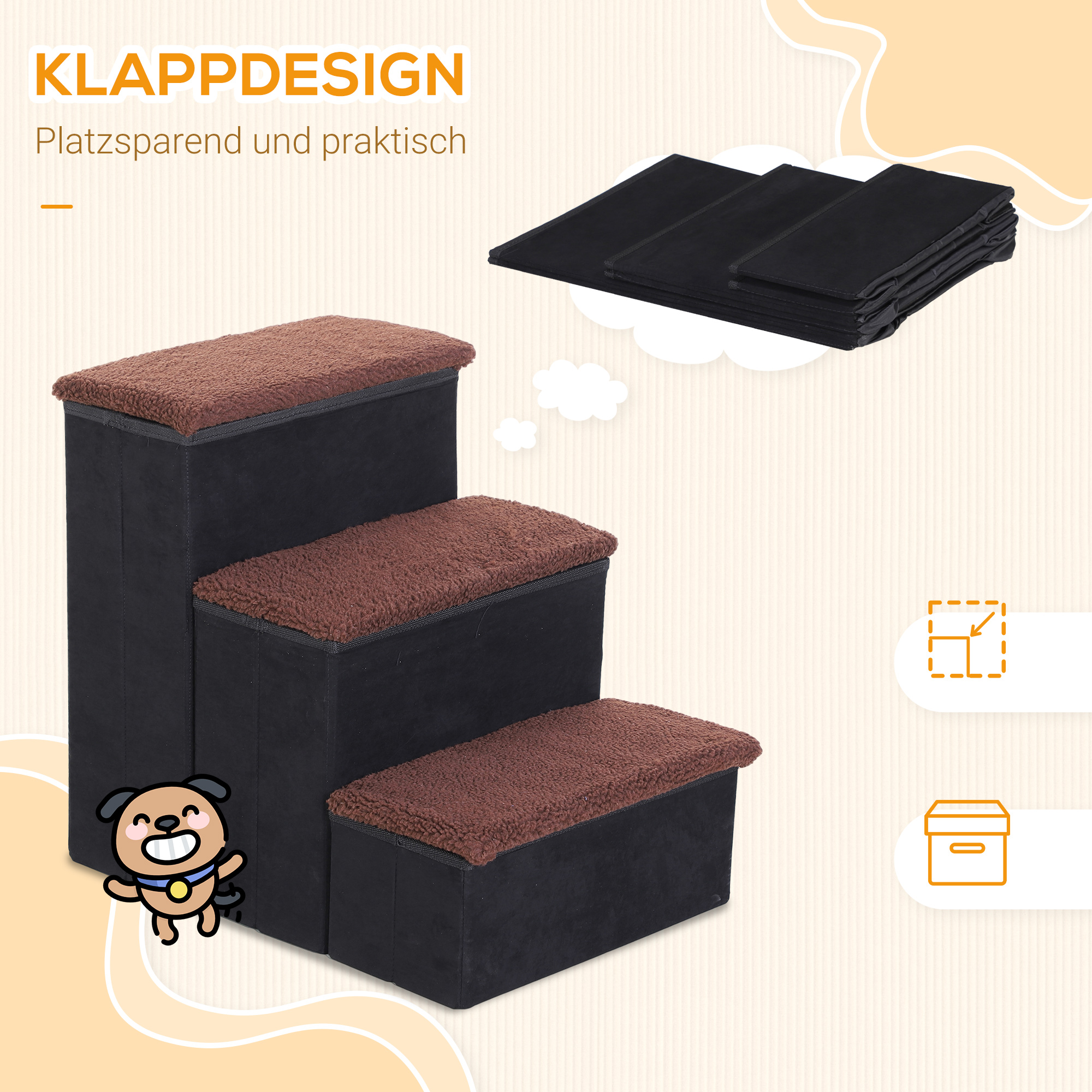 Haustiertreppe Katzentreppe Hundetreppe Faltbar 3 Stufen Tiertreppe mit Stauraum für Katzen und Hunde MDF Schwarz 40 x 54 x 48 cm