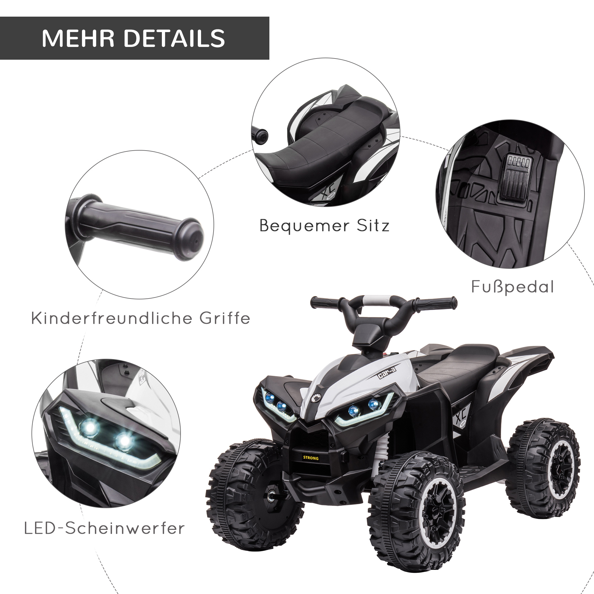 Kinderquad, 6 km/h, Sound- und Lichteffekte, : 83 cm x 53 cm x 55,5 cm, Schwarz + Weiß
