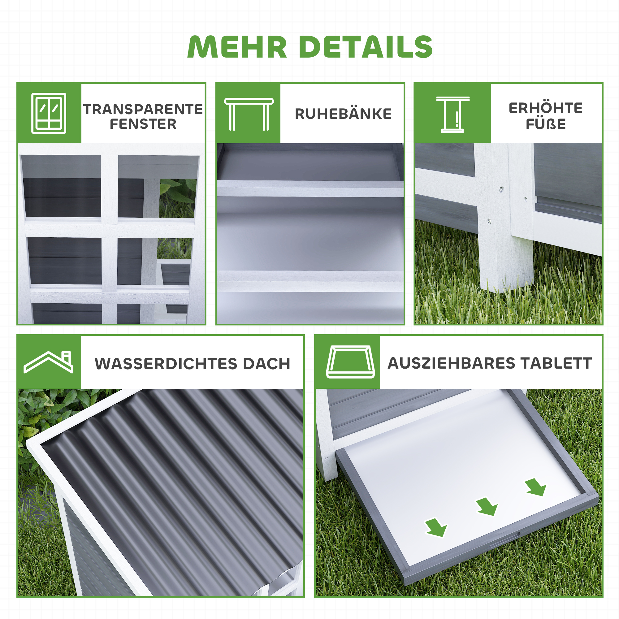 Hühnerstall mit Nestkasten für 4-6 Hühner, Wasserfestes Dach, Fichtenholz, Kunststoff, 100 x 86 x 100 cm, Hellgrau
