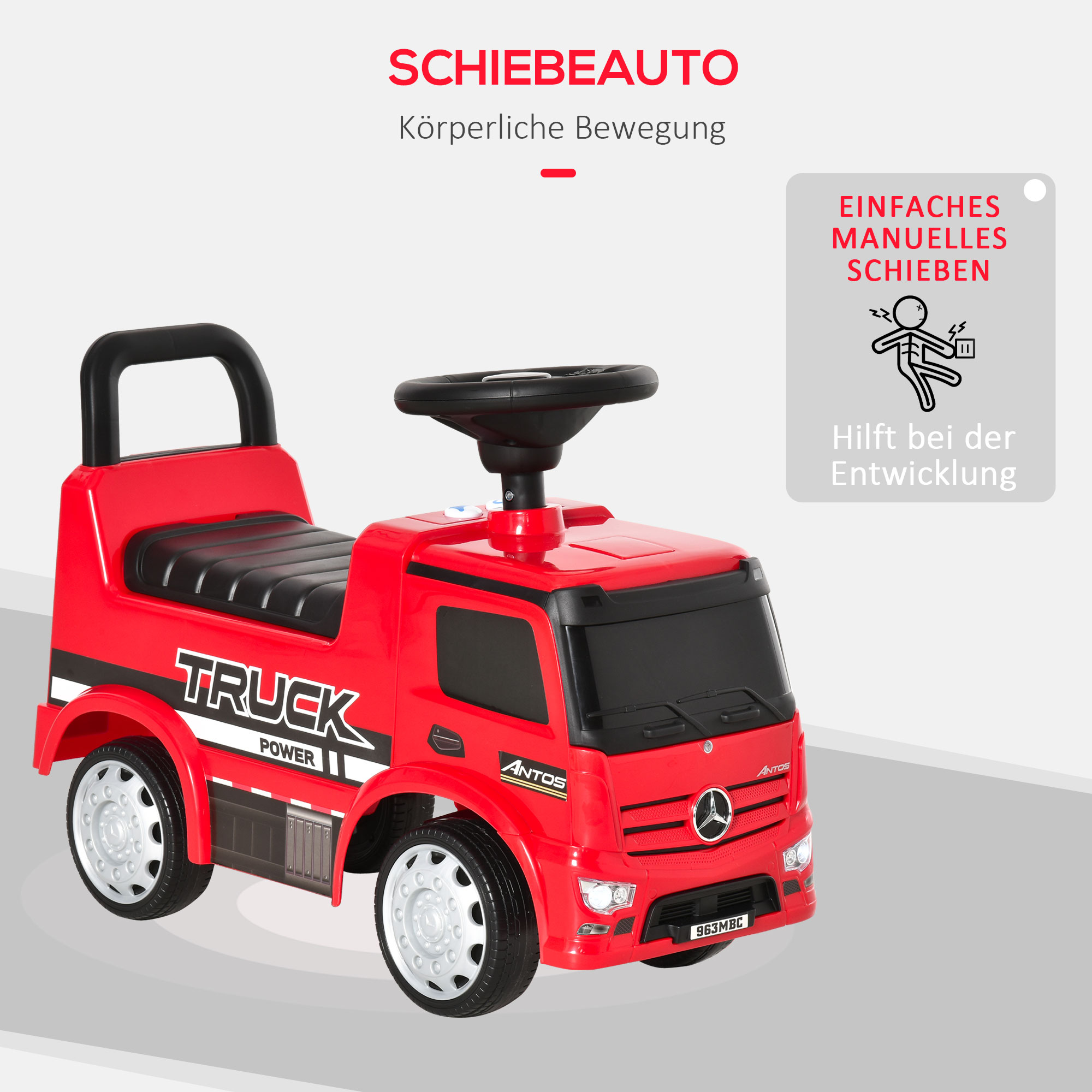Rutscherfahrzeug Rutscherauto Babyrutscher Kinderfahrzeug lizenziert von Mercedes ANTOS-LKW-Stil mit Licht für Kinder von 12 bis 36 Monaten Metall PP-Kunststoff Rot+Schwarz 62,5x28,5x45cm