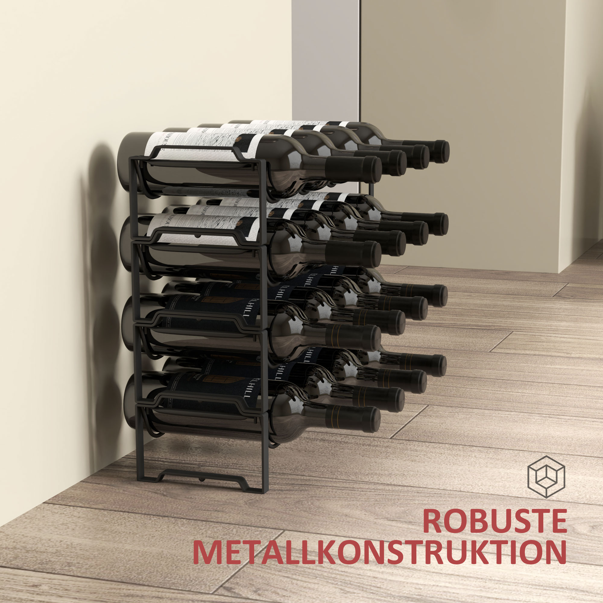 4-stufiges Weinregal, freistehendes Regal für 16 Weinflaschen, Metall, Schwarz