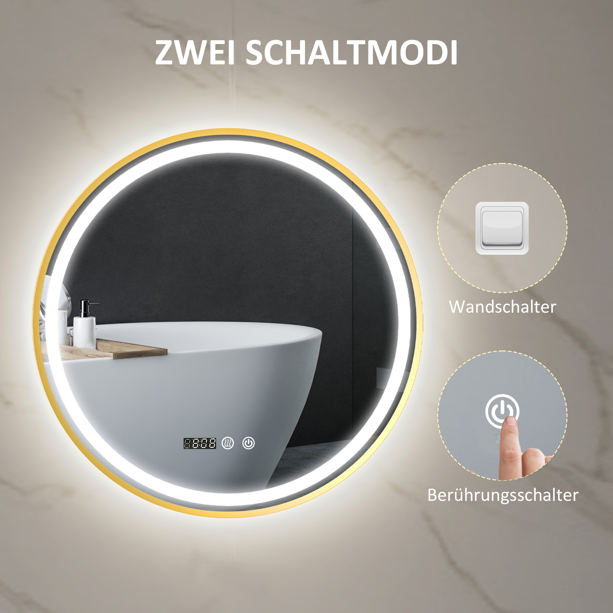 Runder Badezimmerspiegel mit LED-Lichtern, Badspiegel mit Anti-Beschlag-Funktion, Touch-Bedienung, Display