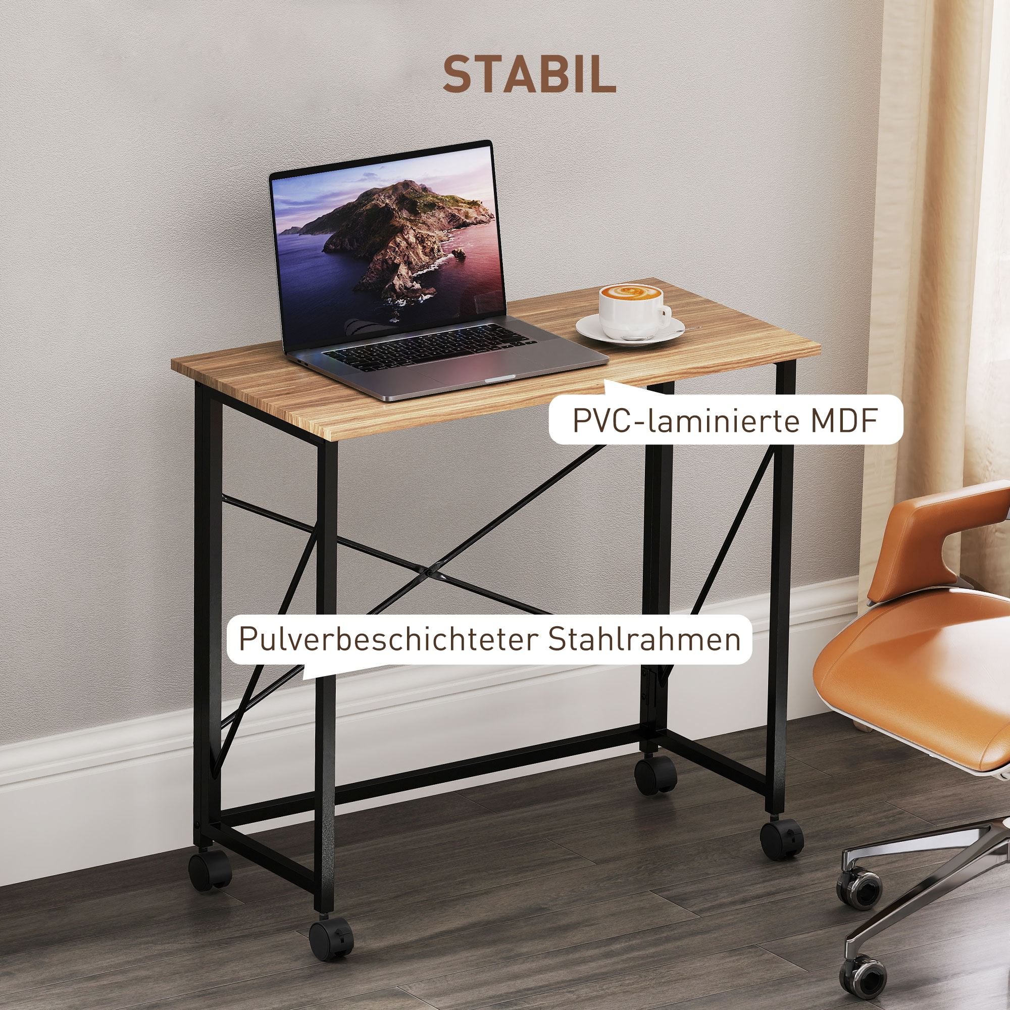 Klappbarer Schreibtisch mit Rädern, platzsparend, Stahl, MDF, Eiche
