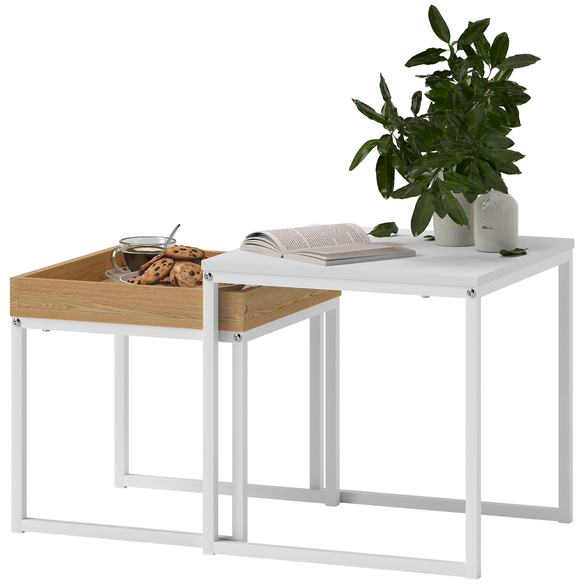 Moderner Couchtisch, 2er-Set Sofatisch, für kleine Räume, Quadratisch, MDF, Metall, Weiß Moderner Couchtisch, 2er-Set Sofatisch, für kleine Räume, Quadratisch, MDF, Metall, Weiß