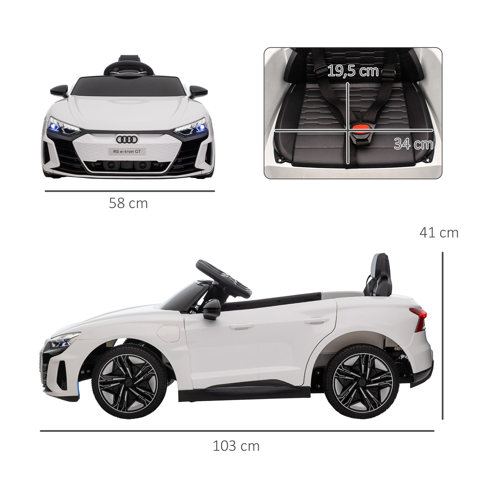 Kinderfahrzeug Audi RS e-tron GT mit Sicherheitsgurt, Fernbedienung, Scheinwerfern, Musikfunktion, weiß, 103 x 58 x 41cm
