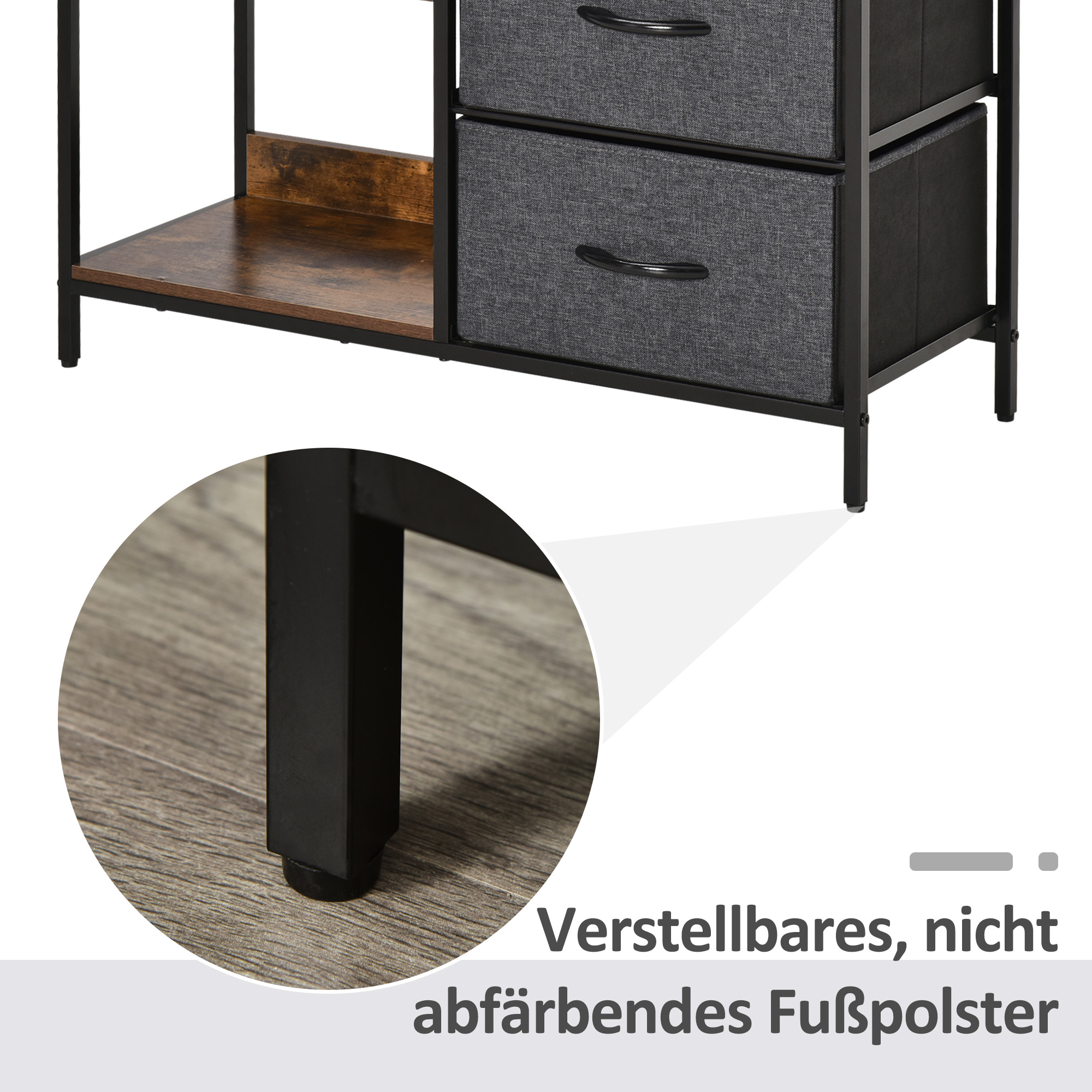 Aufbewahrungs-Kommode, 3 Stoffschubladen, Regale, Metallrahmen, Braun+Grau