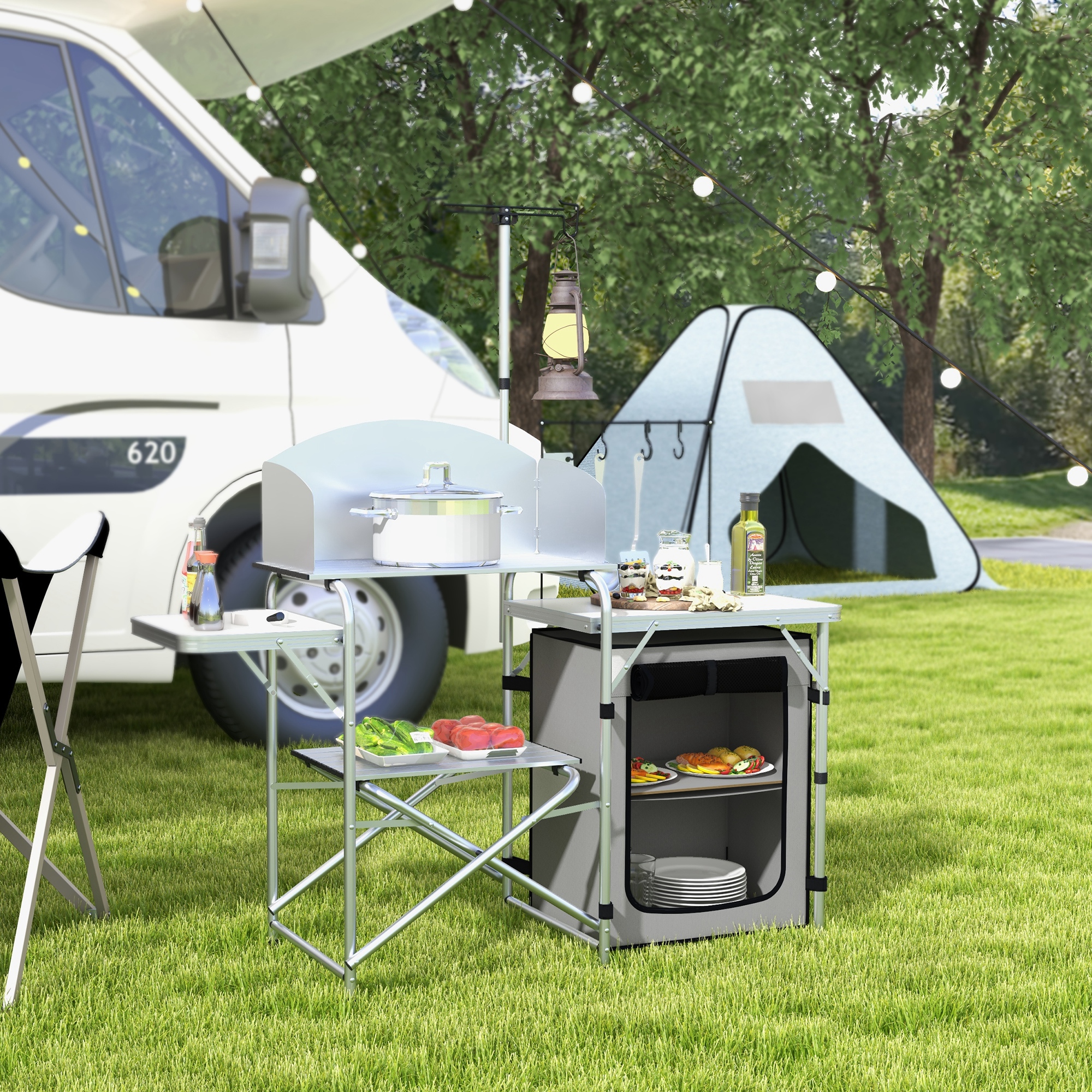 Campingküche, faltbar, 3 Arbeitsplatten, Windschutz, Stoffschrank, 144x48x119cm, Silber