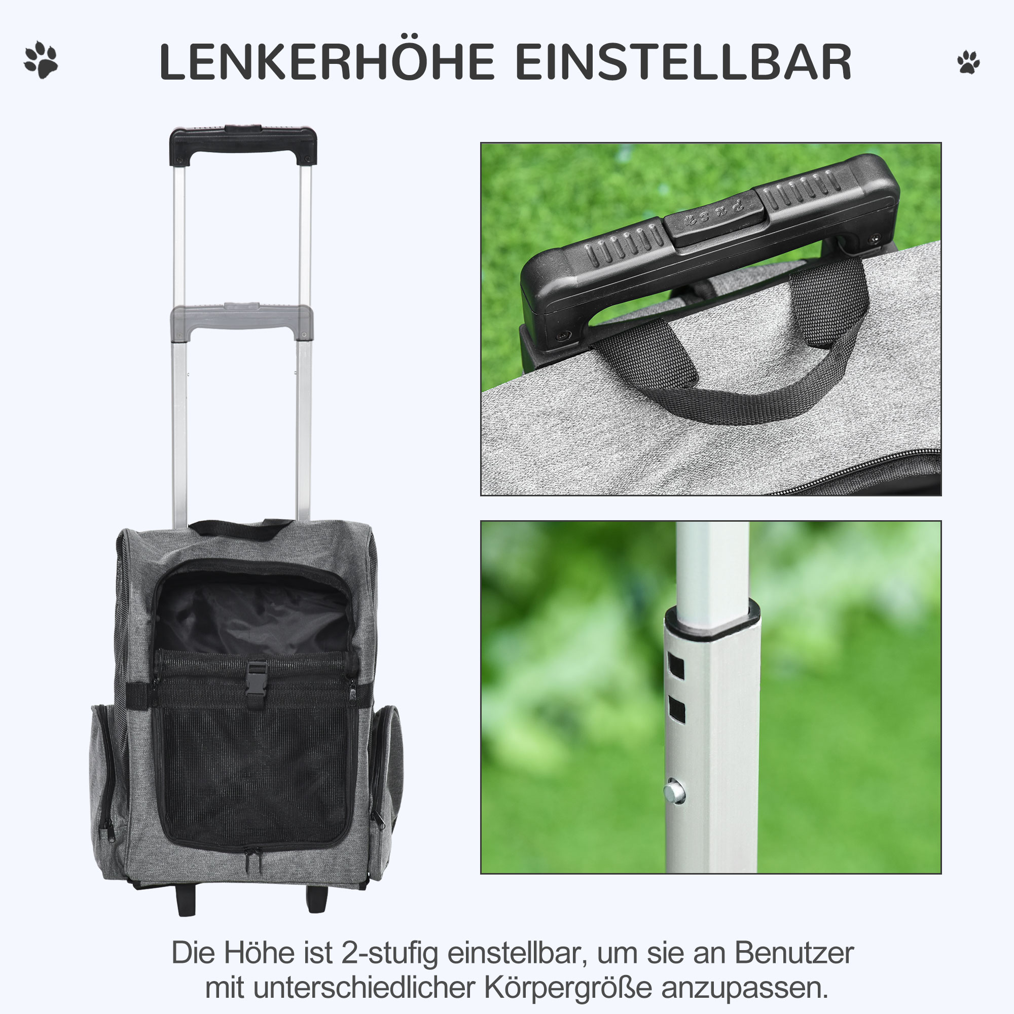 Hundetransporttasche, Haustierrucksack, 2-in-1-Design, ausziehbarer Griff, Seitentaschen, Grau, 42 x 25 x 55cm