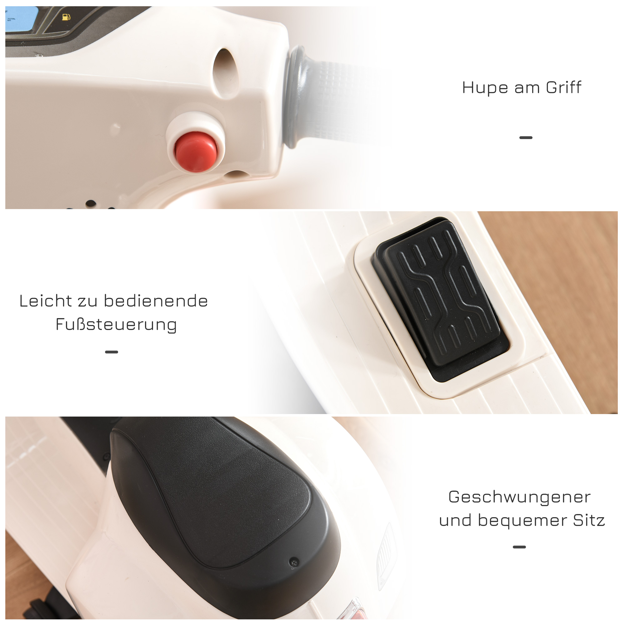 Elektro Kindermotorrad Vespa Elektromotorrad mit LED-Licht, Sound, Kinder Elektro Motorrad für Kinder von 18-36 Monate Weiß