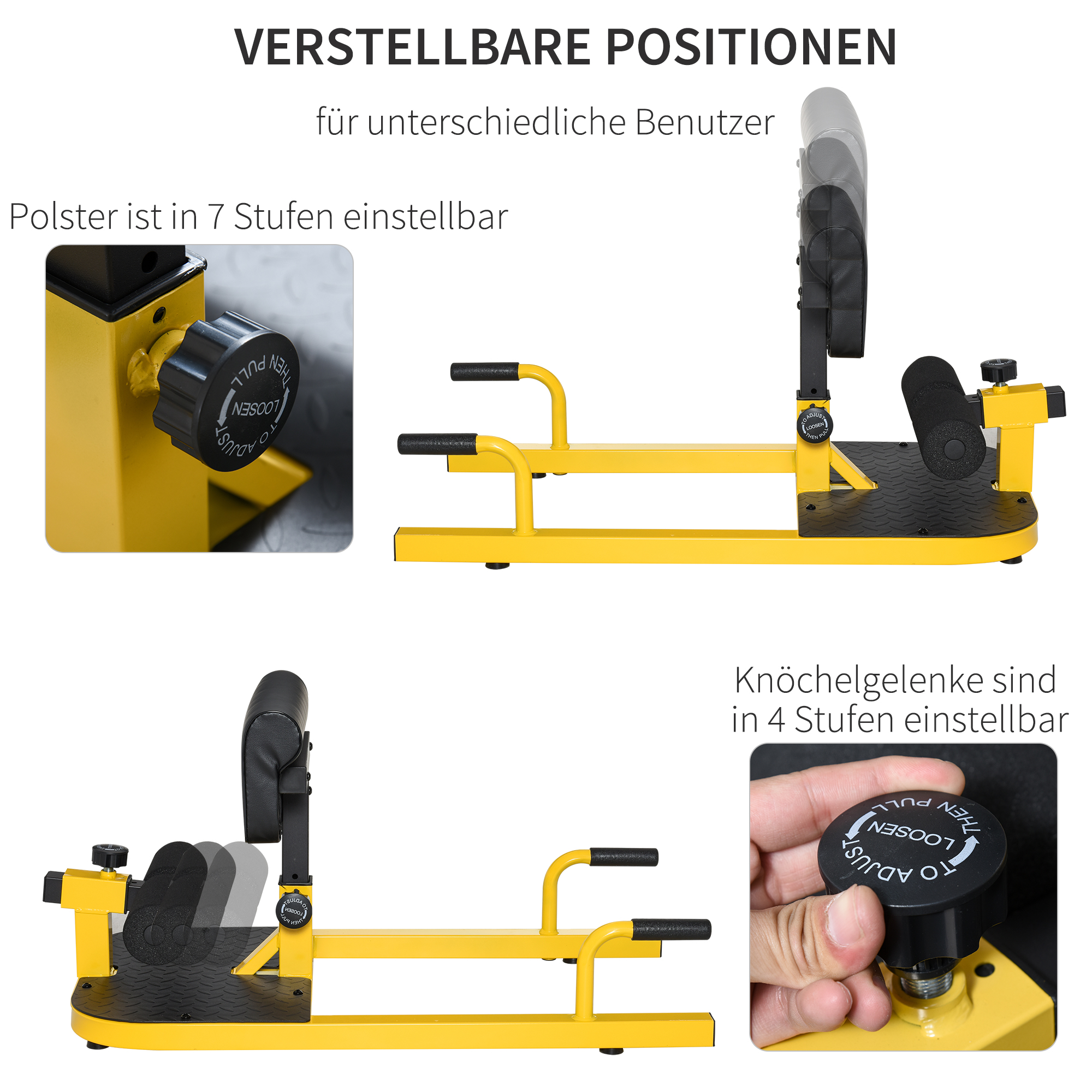 Sissy Squat Kniebeugentrainer Beintrainer Bauch-Gesäß-Trainer 3 in 1 Trainer verstellbar bis 120 kg Stahl Gelb+Schwarz 50 x 97 x (44,5-56,5) cm