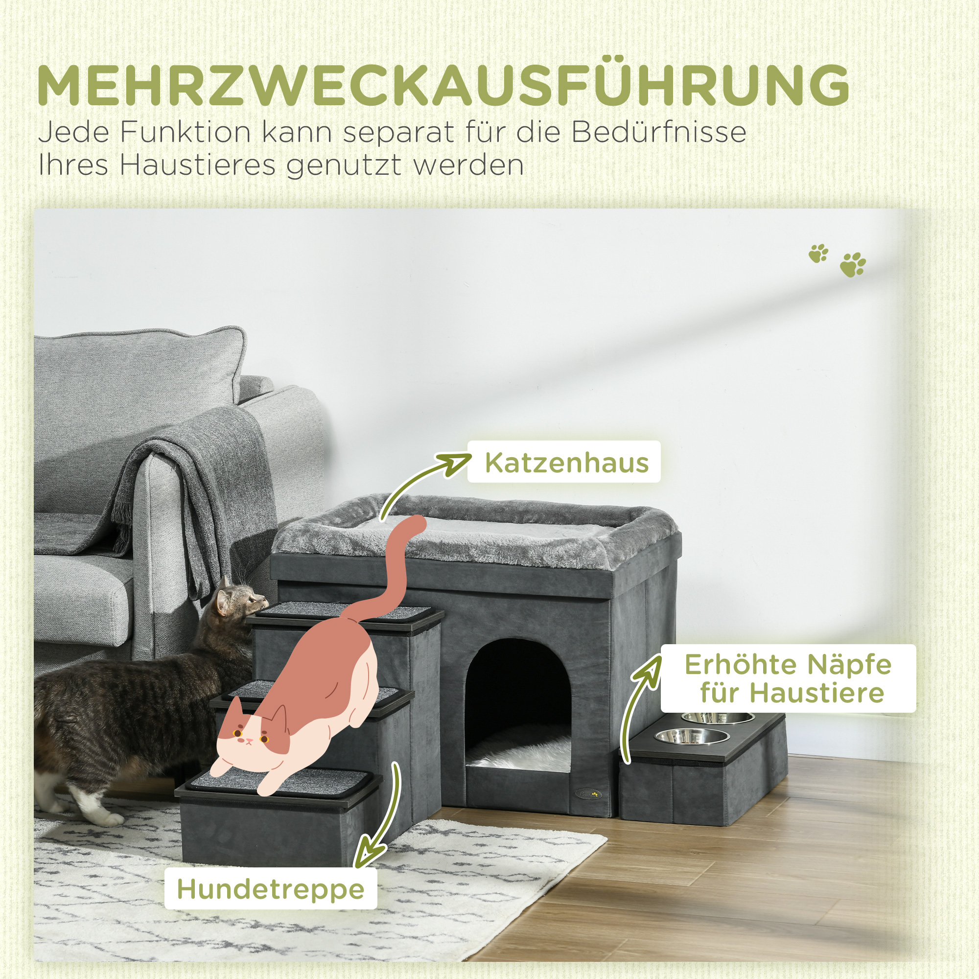 Katzenhaus Katzenhütte Katzenhöhle, 3 Haustiertreppen, 2 Fressnäpfe, 70 x 50 x 51, cm,  Grau