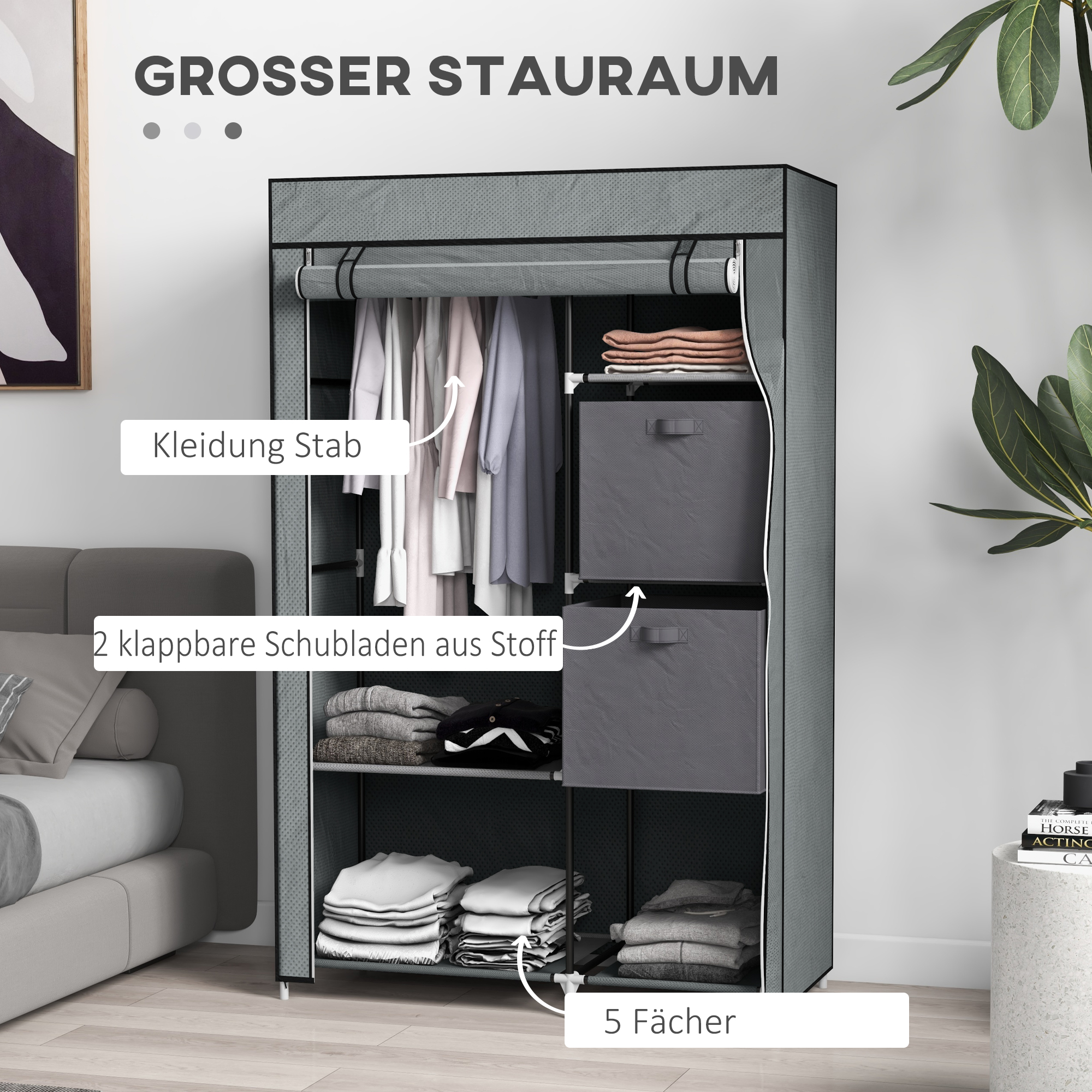 Stoffschrank Kleiderschrank faltbarer Schrank, 1 Kleiderstange, 6 Regalböden, 102 x 42,5 x 162,5 cm, Grau