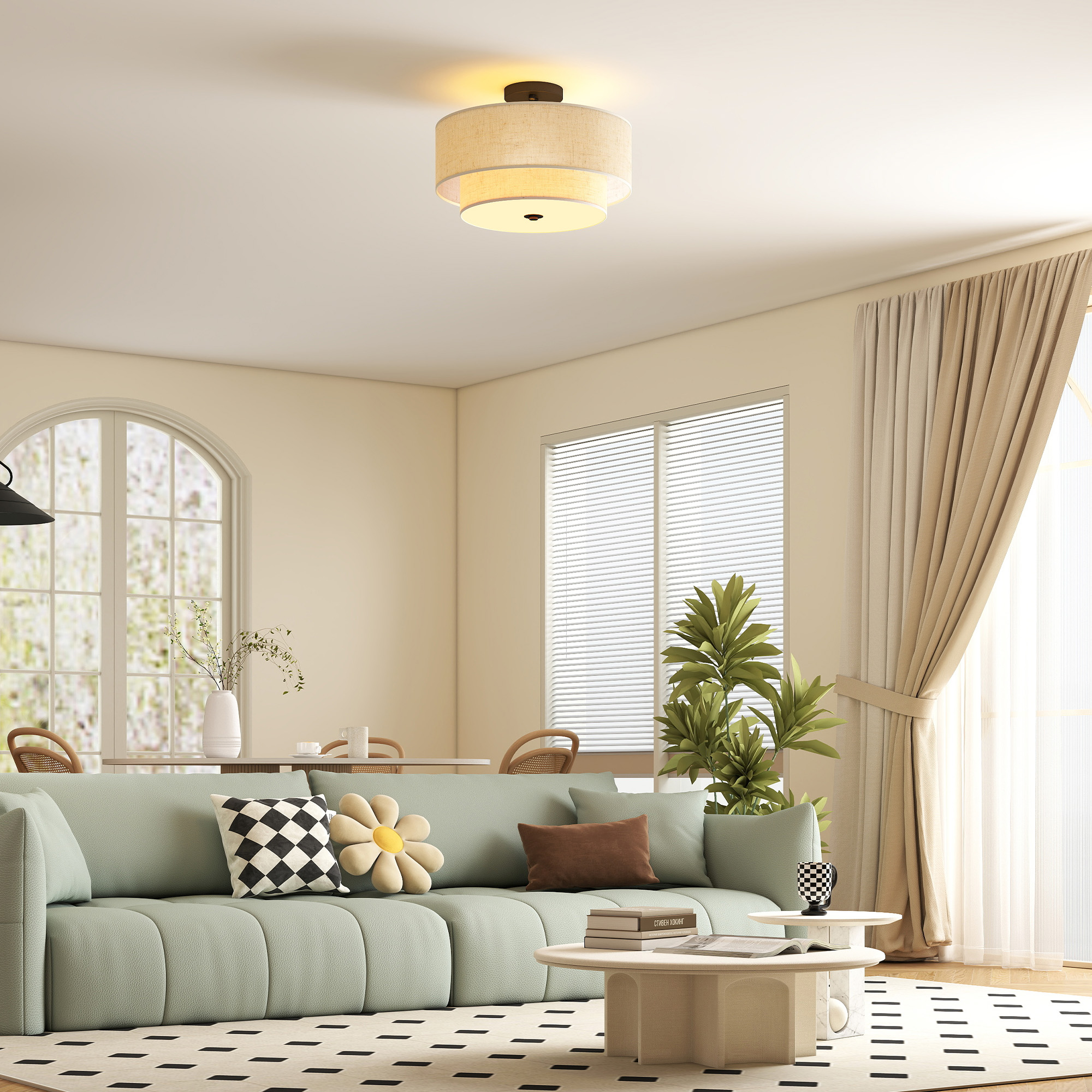 Deckenlampe, Hängeleuchte mit doppelten Schirmen in Leinenoptik, Cremeweiß