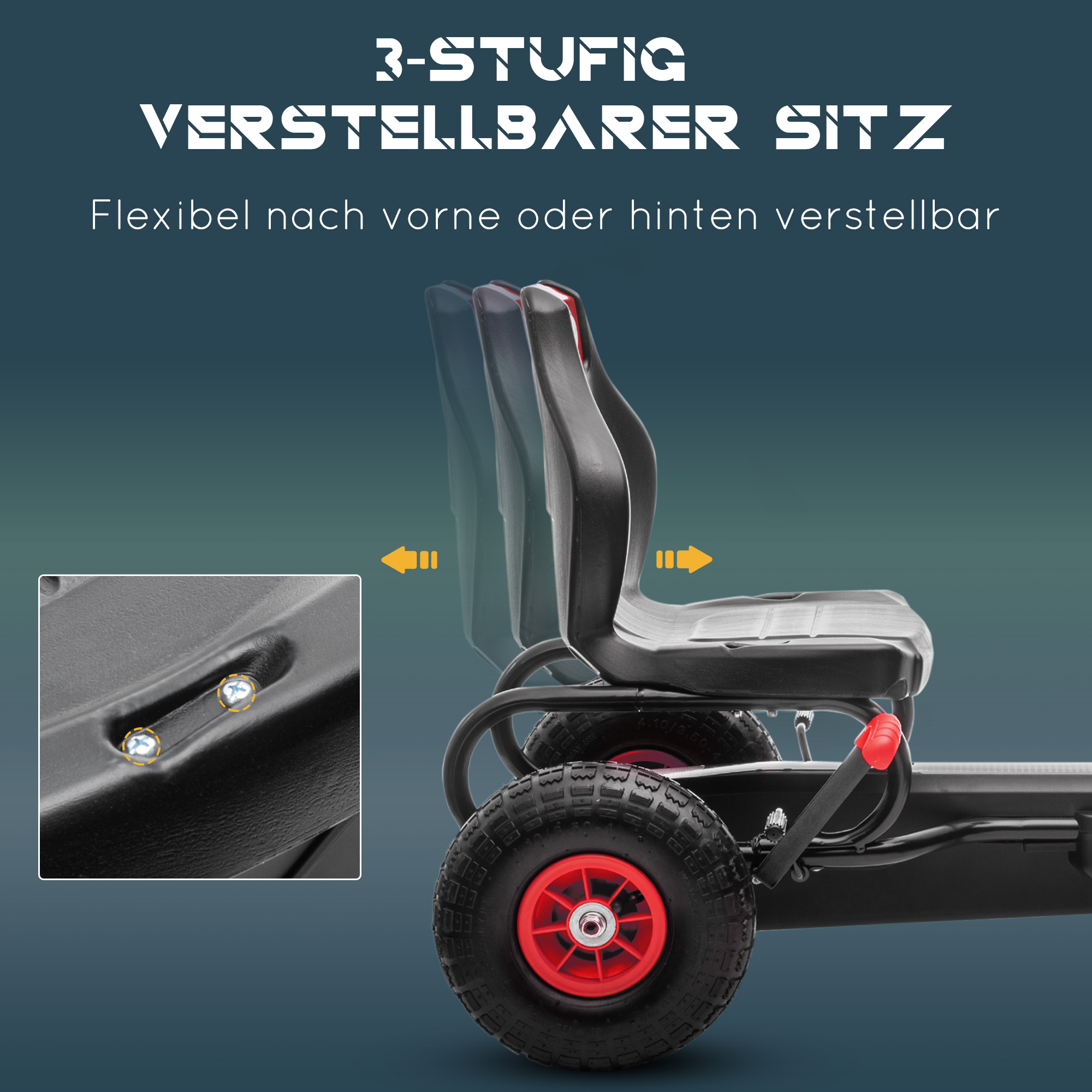 Kinder-Gokart, mit Pedalen, verstellbarem Sitz, In- und Outdoor, ab 5 Jahren, Rot+schwarz, 121 x 58 x 61 cm