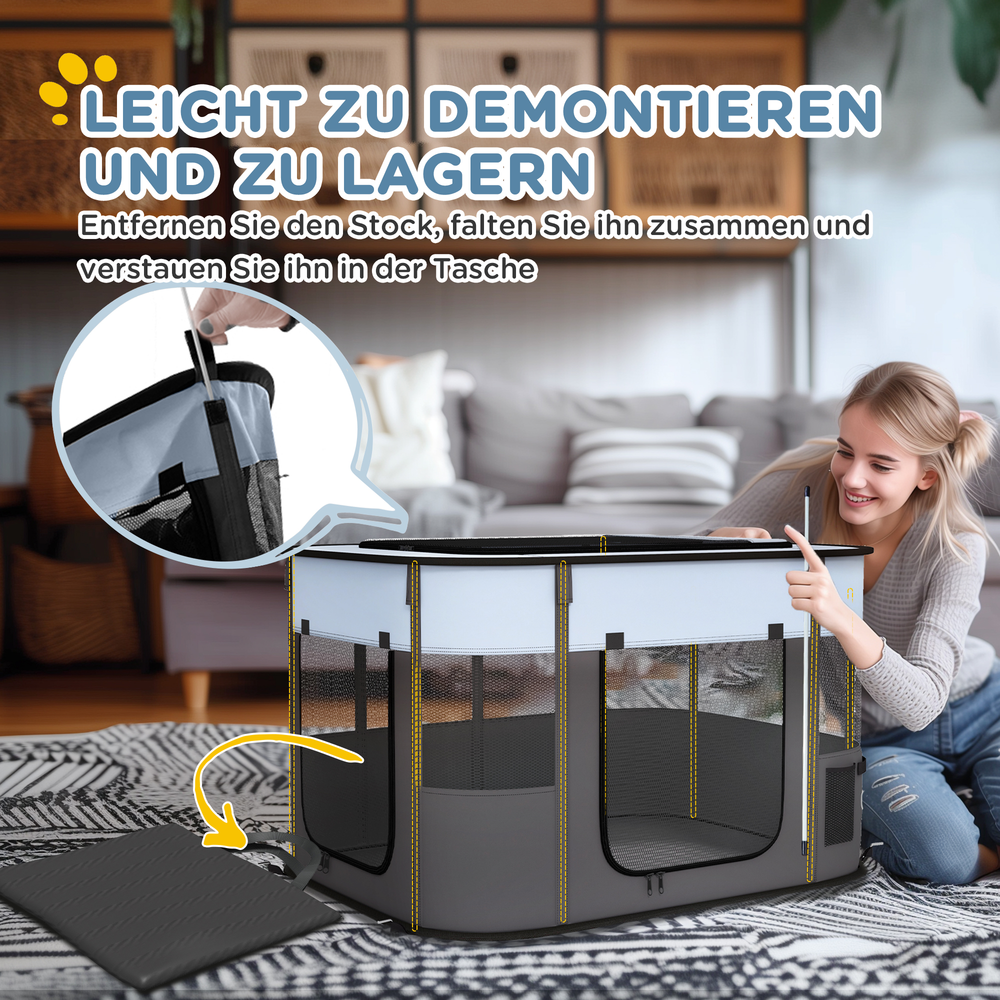 Spielgehege für Haustiere, faltbar, mit Aufbewahrungstasche, für Welpen und Kätzchen, drinnen und draußen, Grau