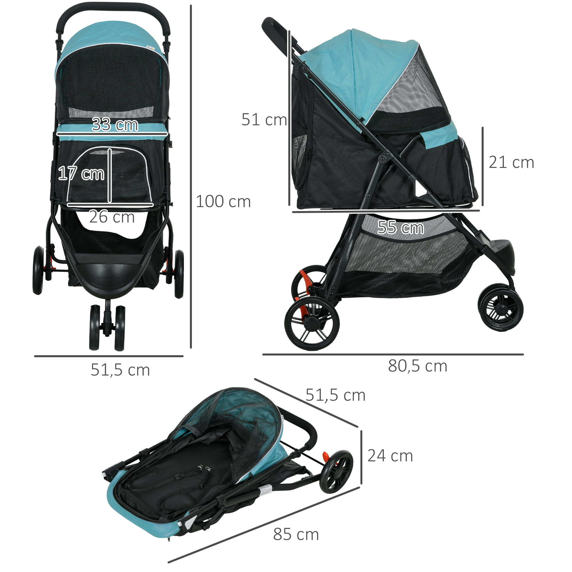 Haustierbuggy Hundebuggy bis 10kg klappbar Sicherheitsleine Handgriff Regenschutz Aufbewahrungskorb Blau + Schwarz