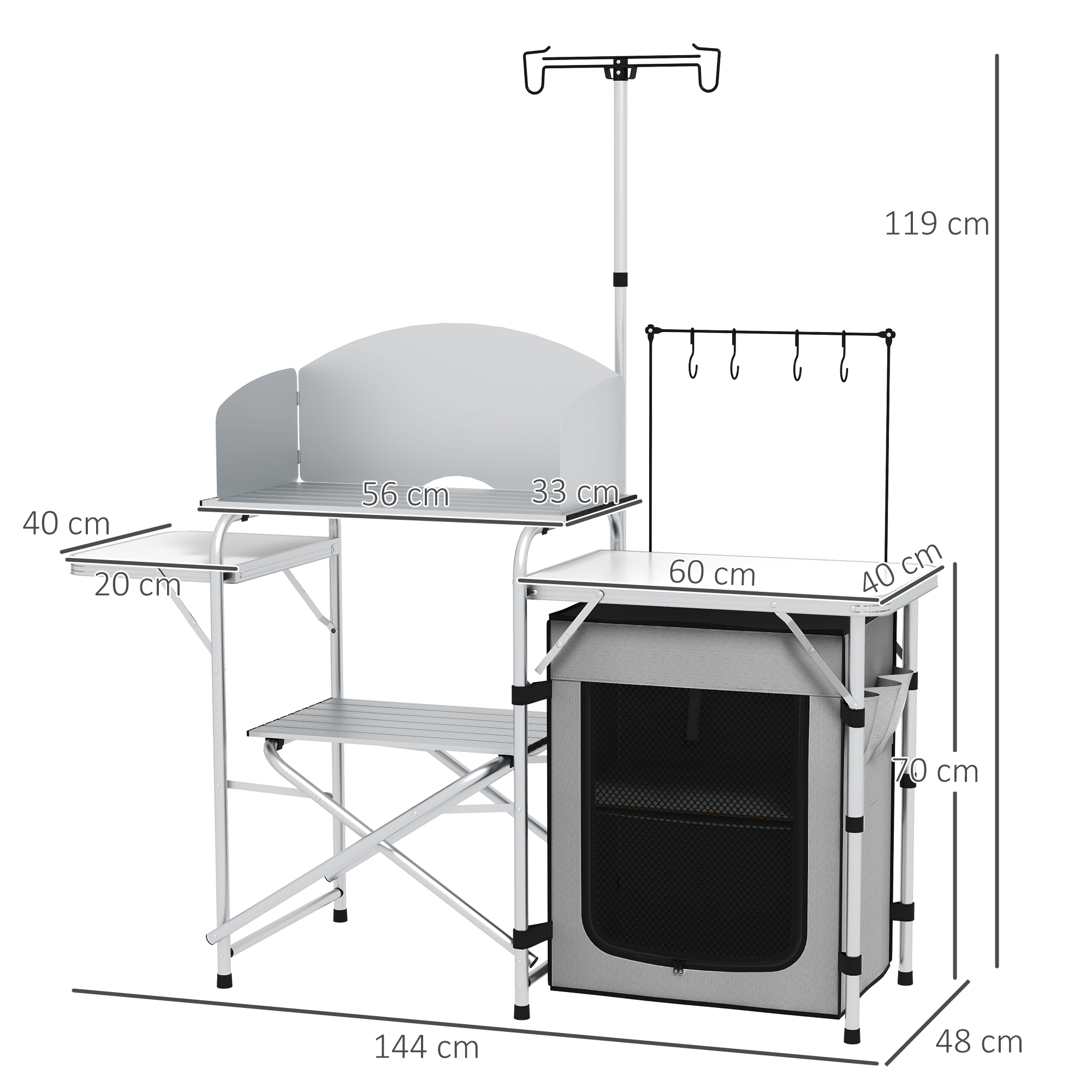 Campingküche, faltbar, 3 Arbeitsplatten, Windschutz, Stoffschrank, 144x48x119cm, Silber