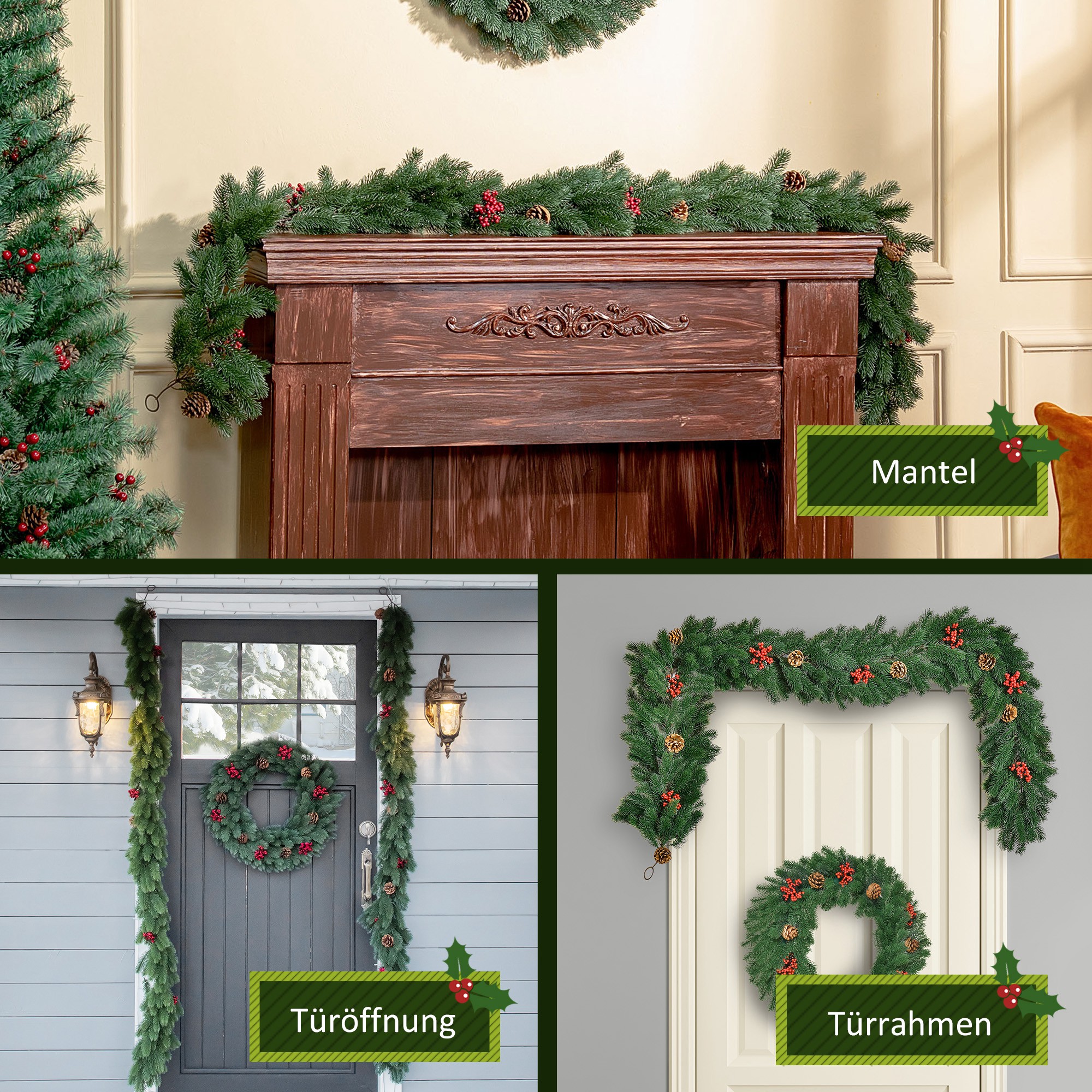 Weihnachtsgirlande 1,9m Tannengirlande Weihnachtsdeko mit Tannenzapfen Beeren Künstliche Girlande Weihnachtsgirlande für Innen & Außen, Grün