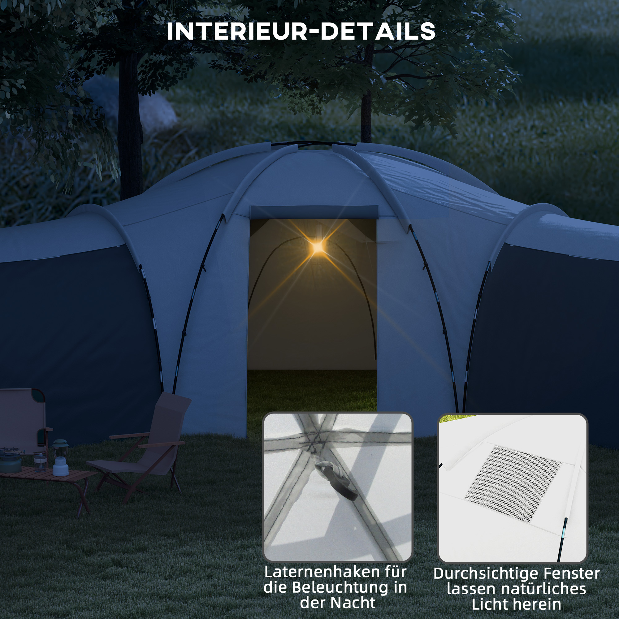 Campingzelt für 6-9 Personen, 4 Räume, Vorzelt, wasserdicht, 615x 615x225cm, Grau